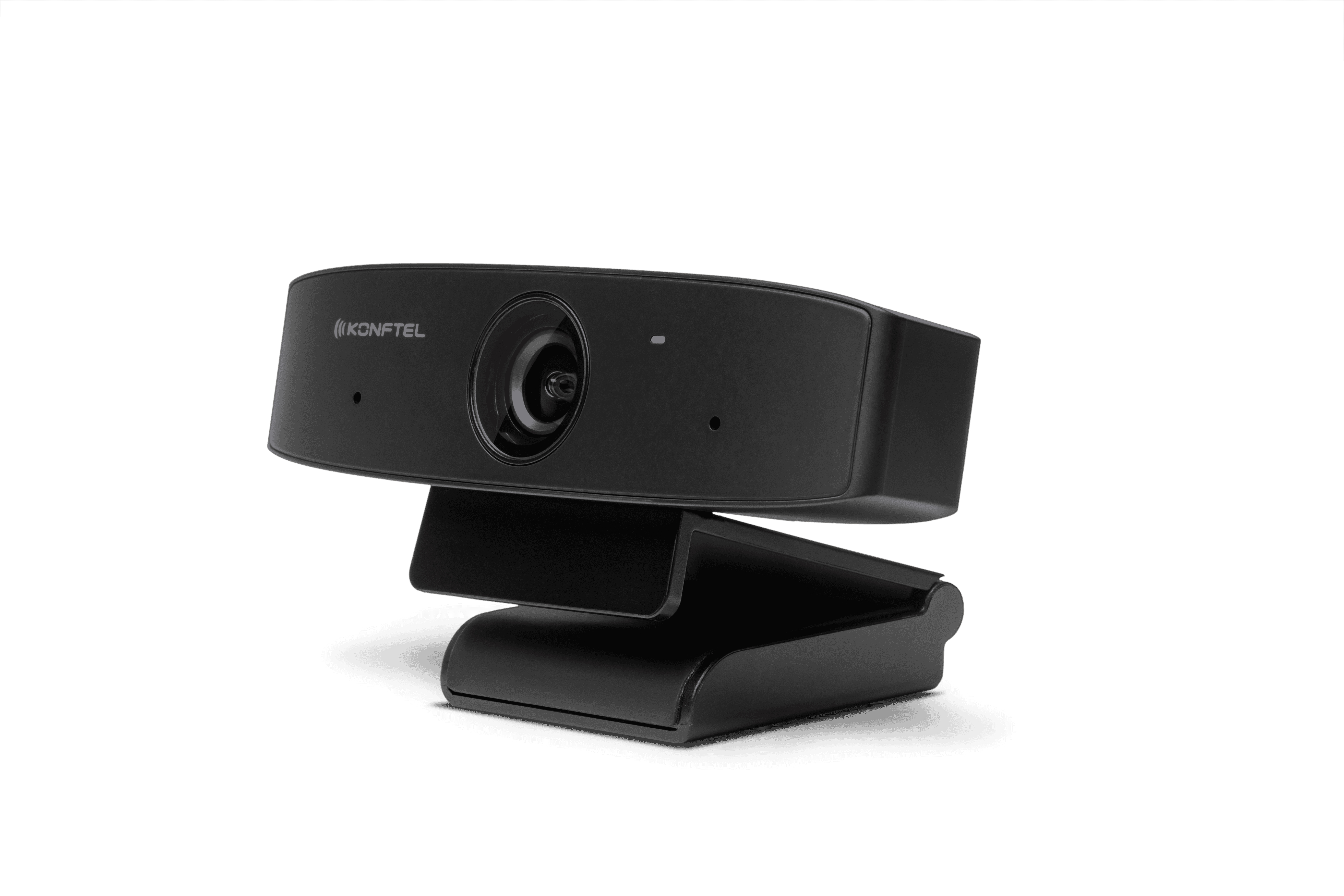 Schwarze Webcam mit Konftel-Logo und verstellbarem Ständer auf weißem Hintergrund.