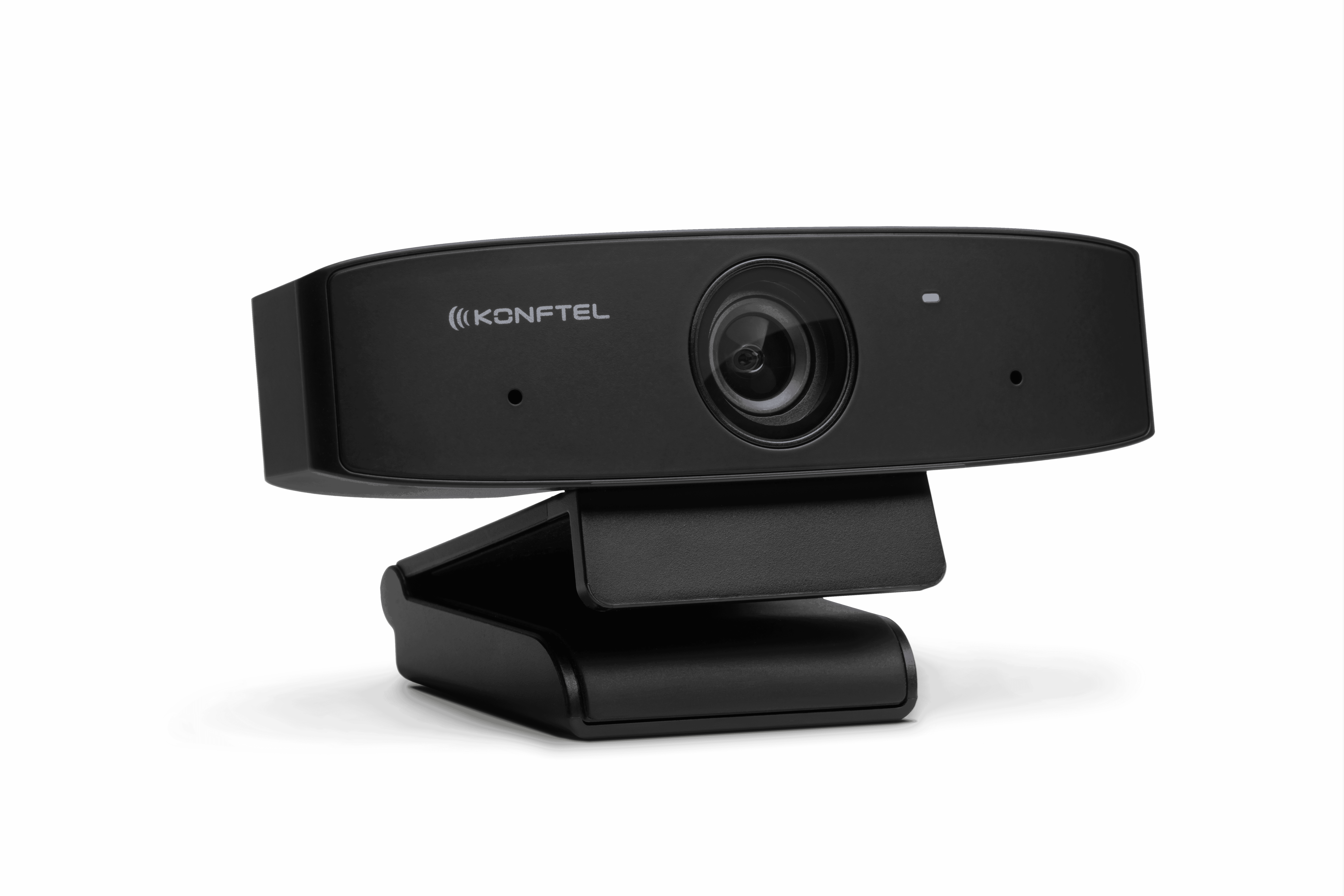 Schwarze Konftel Webcam mit integriertem Mikrofon und verstellbarem Ständer.