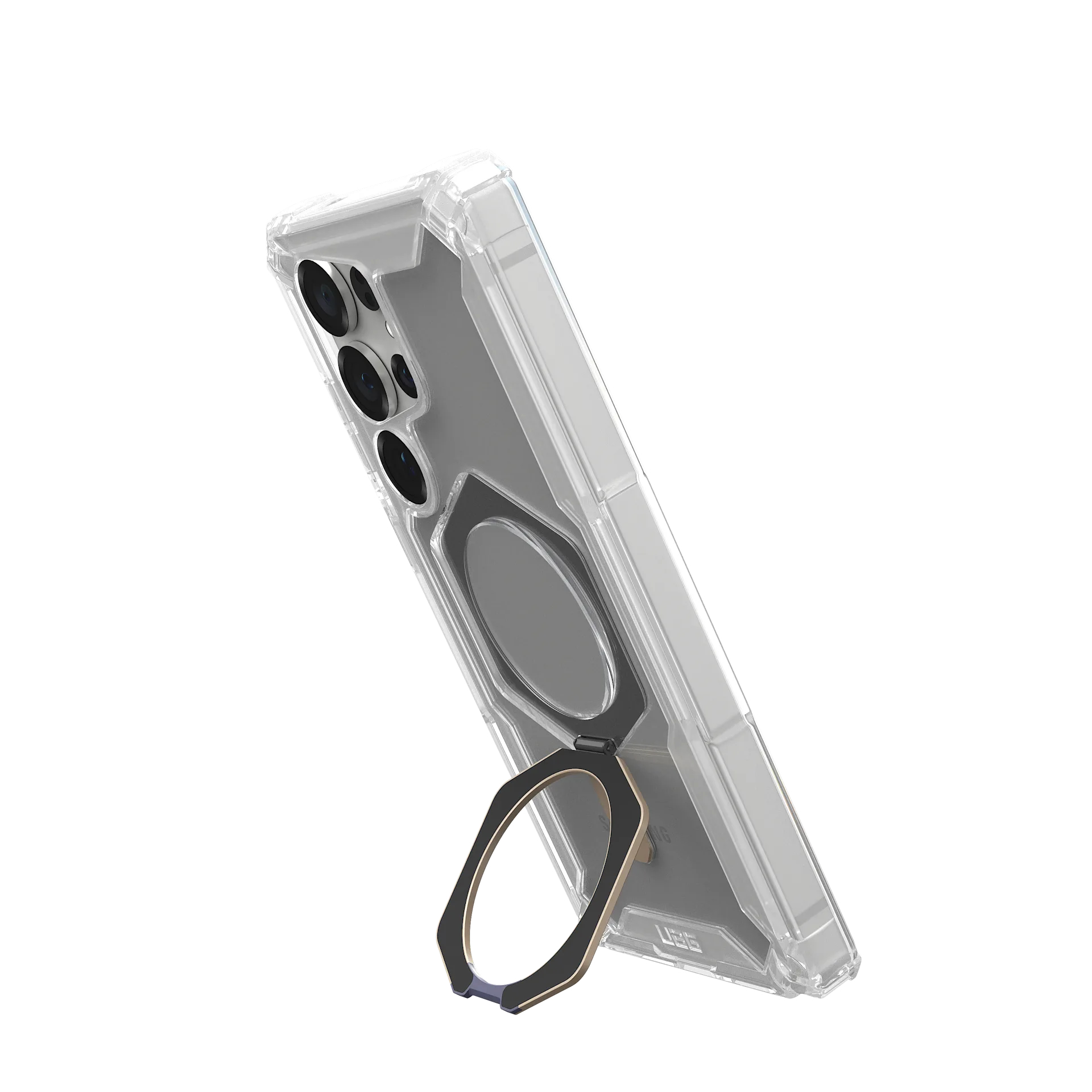 Una custodia trasparente per telefono con anello porta e quattro fotocamere.