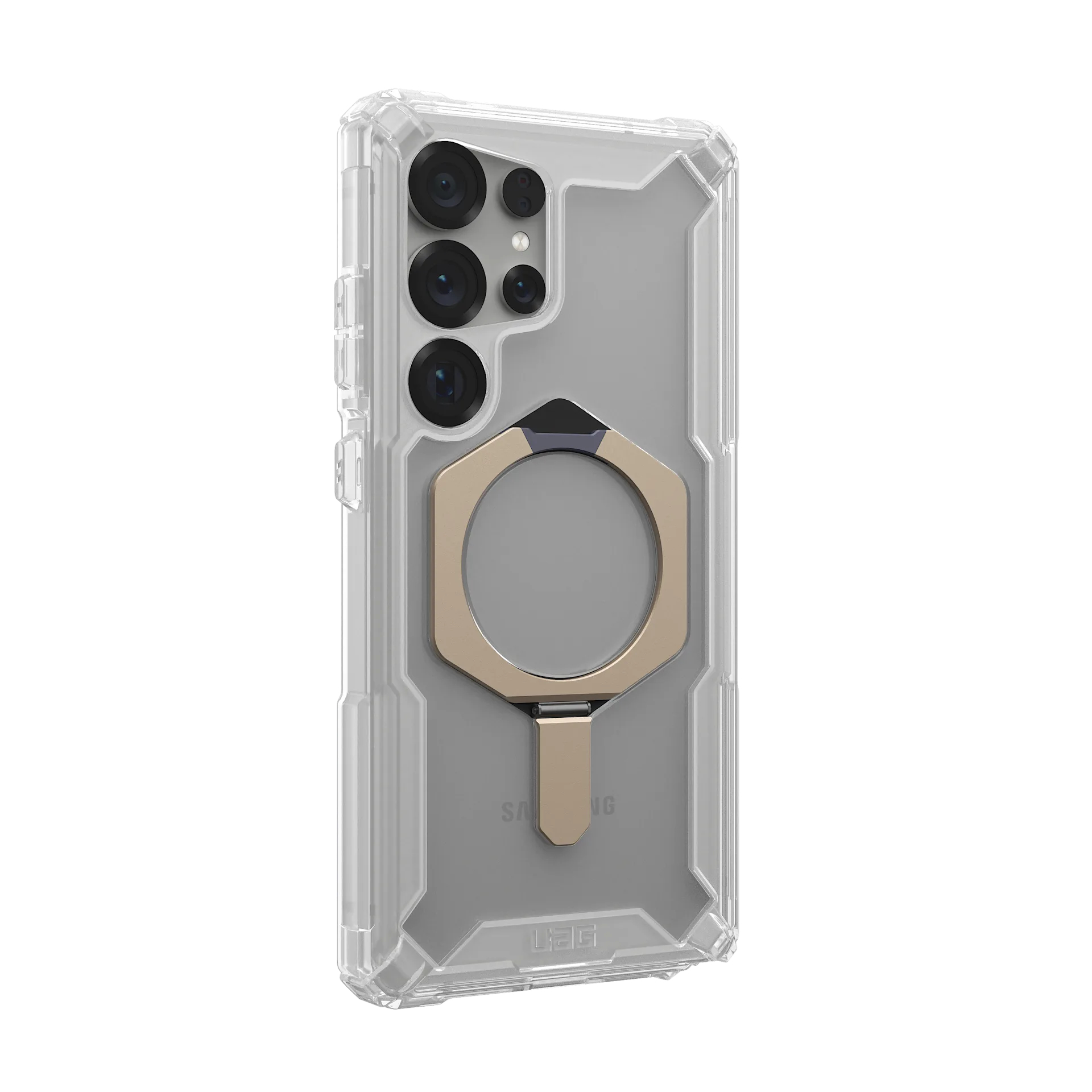 Custodia trasparente per telefono con anello dorato, retro bianco visibile.