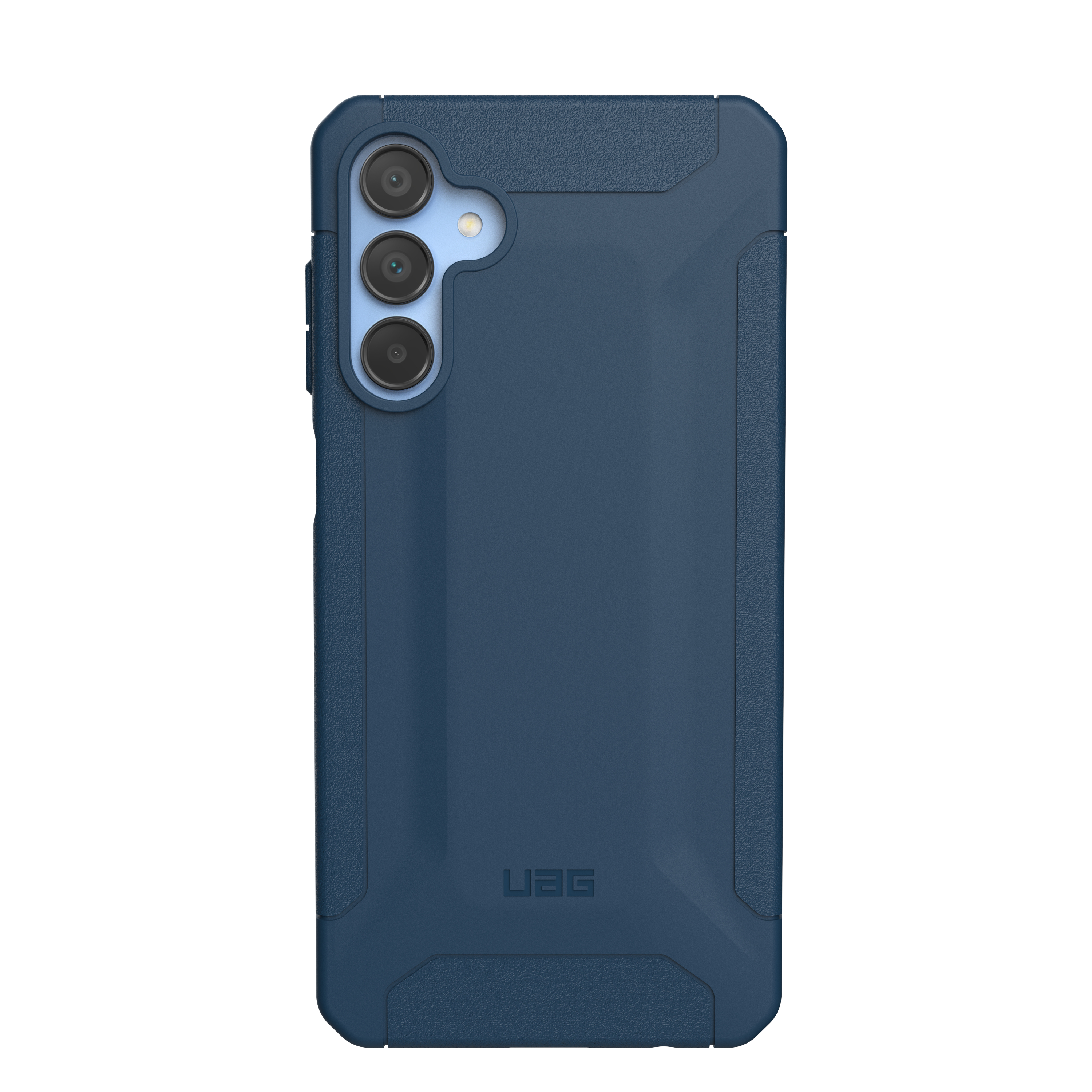 Donkerblauwe telefoonhoes met camera-uitsparing en UAG-logo.