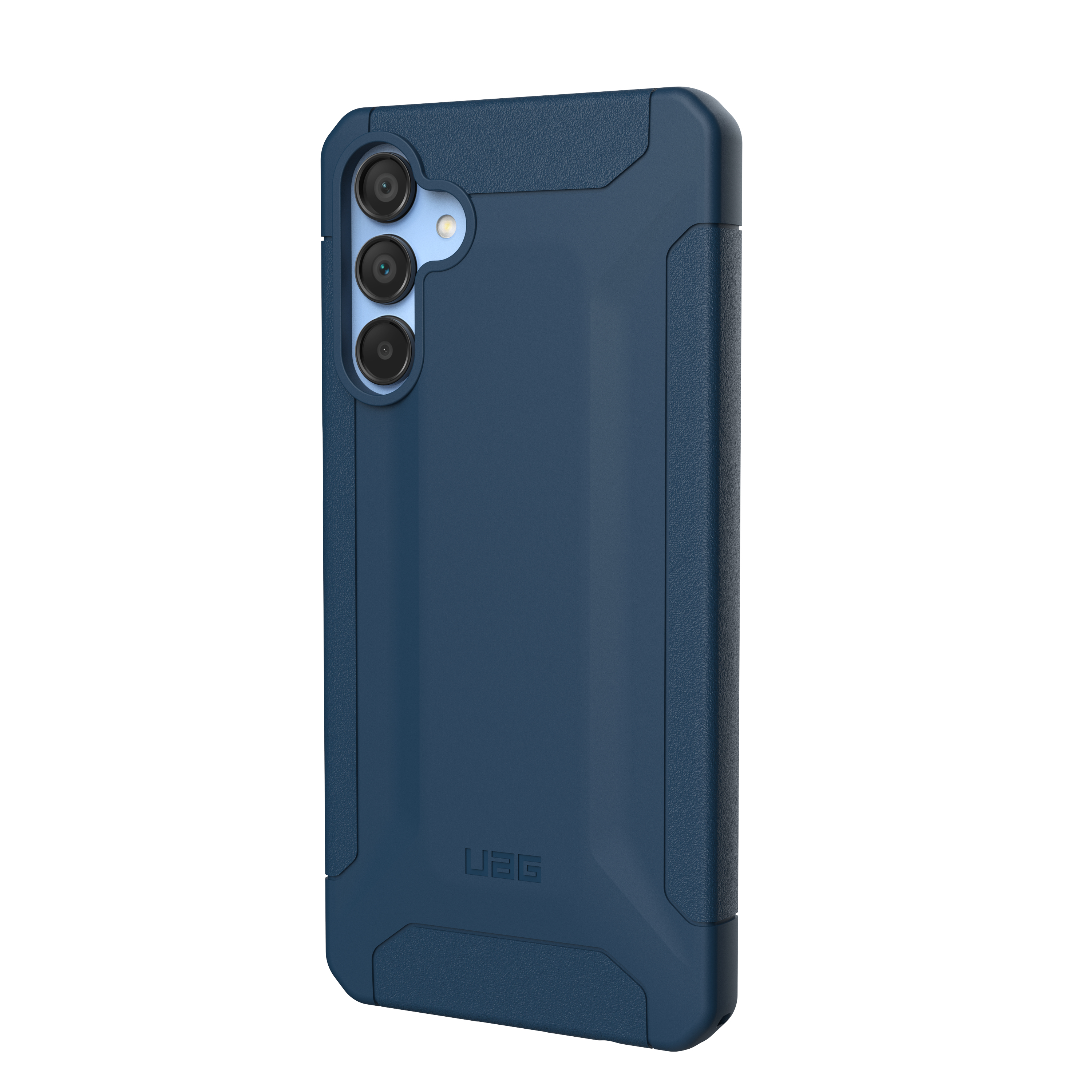 Donkerblauwe telefoonhoes met drievoudige camera-uitsparing en UAG-logo.