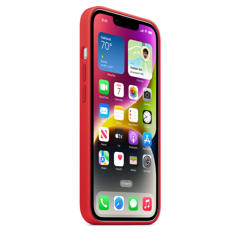 Un iPhone rouge en mode portrait affichant la météo et diverses icônes.