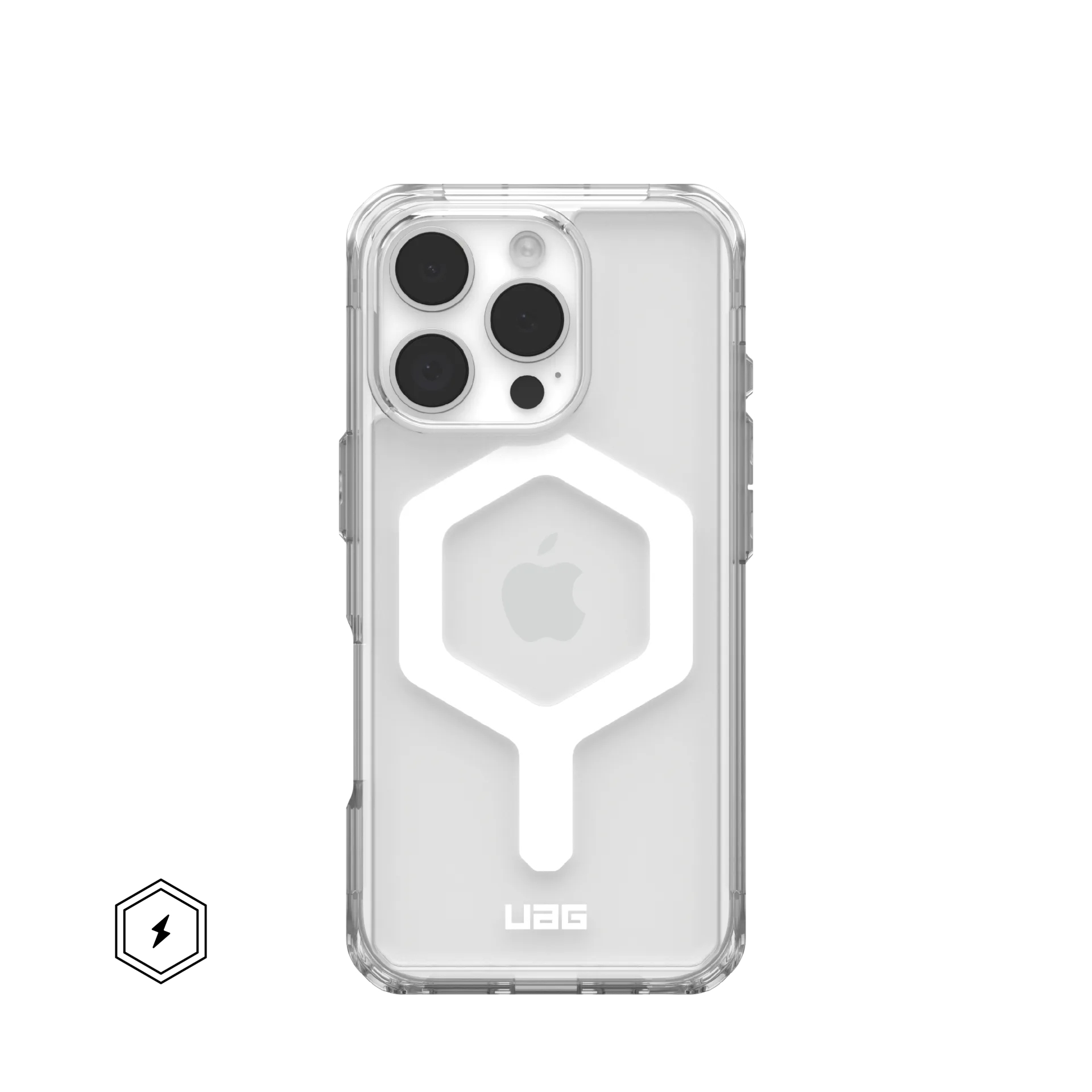 Transparente Hülle mit weißem Hexagon-Muster und Apple-Logo.