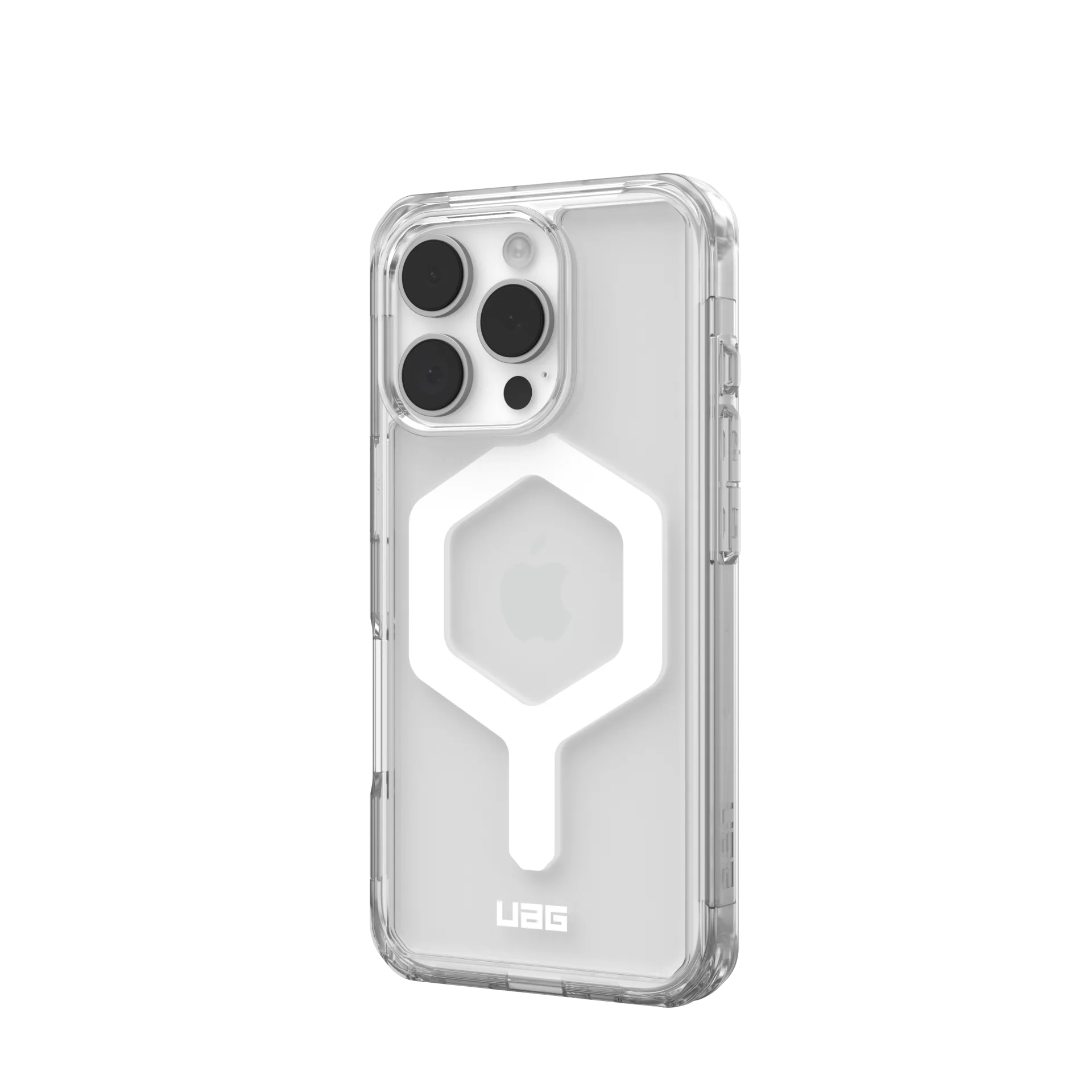 Transparente Handyhülle mit Hexagon-Akzent und drei Kameralinsen.