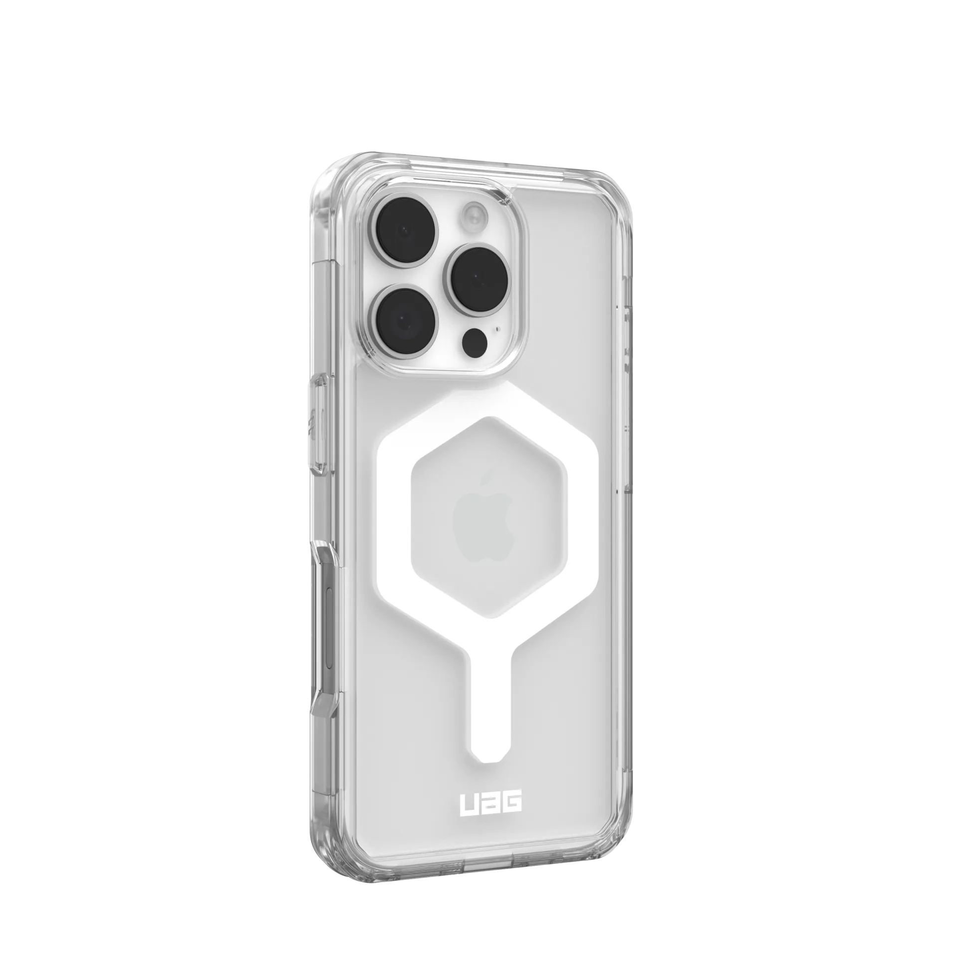 Transparente Hülle mit weißem Hexagon-Muster und Apple-Logo auf einem iPhone.
