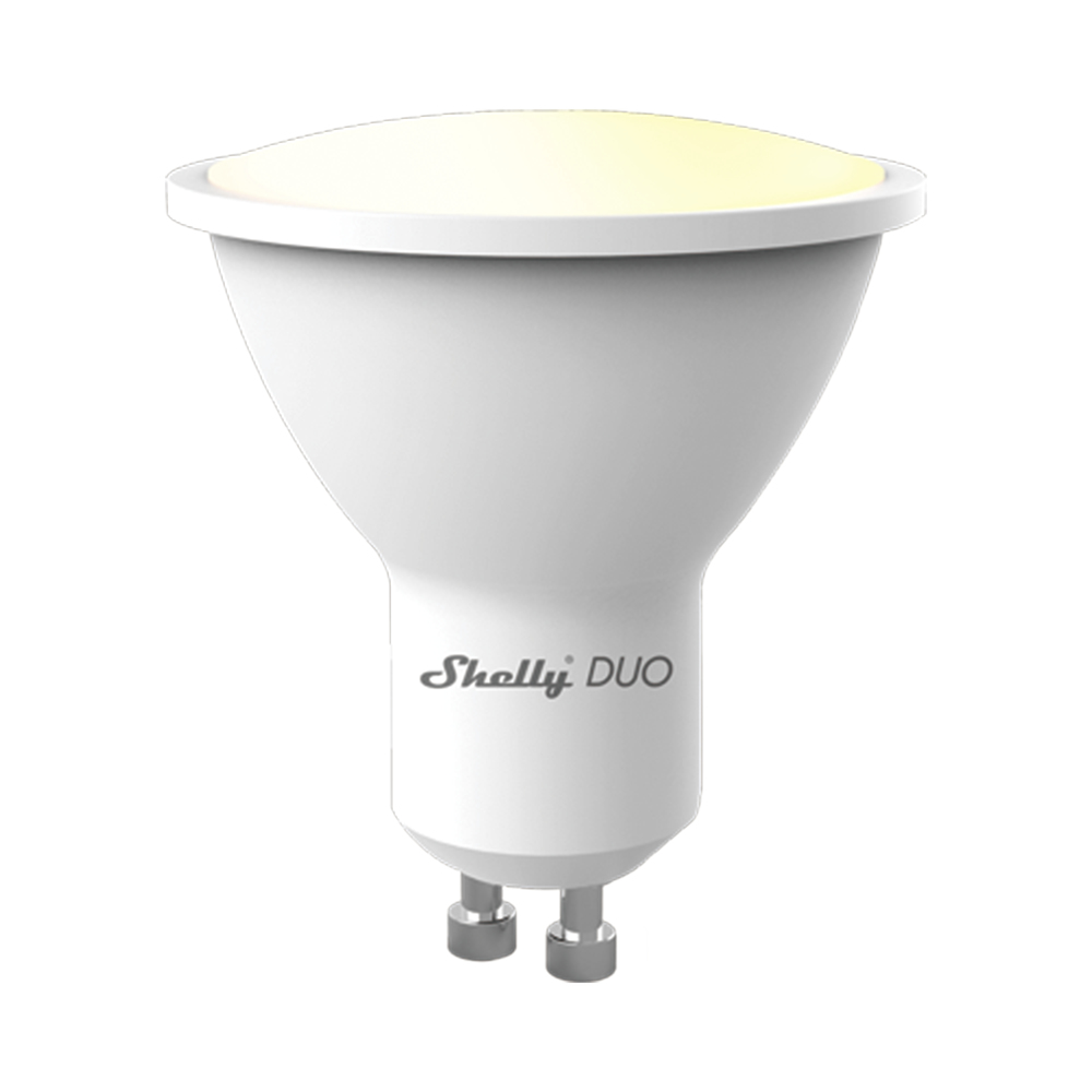 Una lampadina GU10 bianca con logo Shelly DUO e due pin metallici.