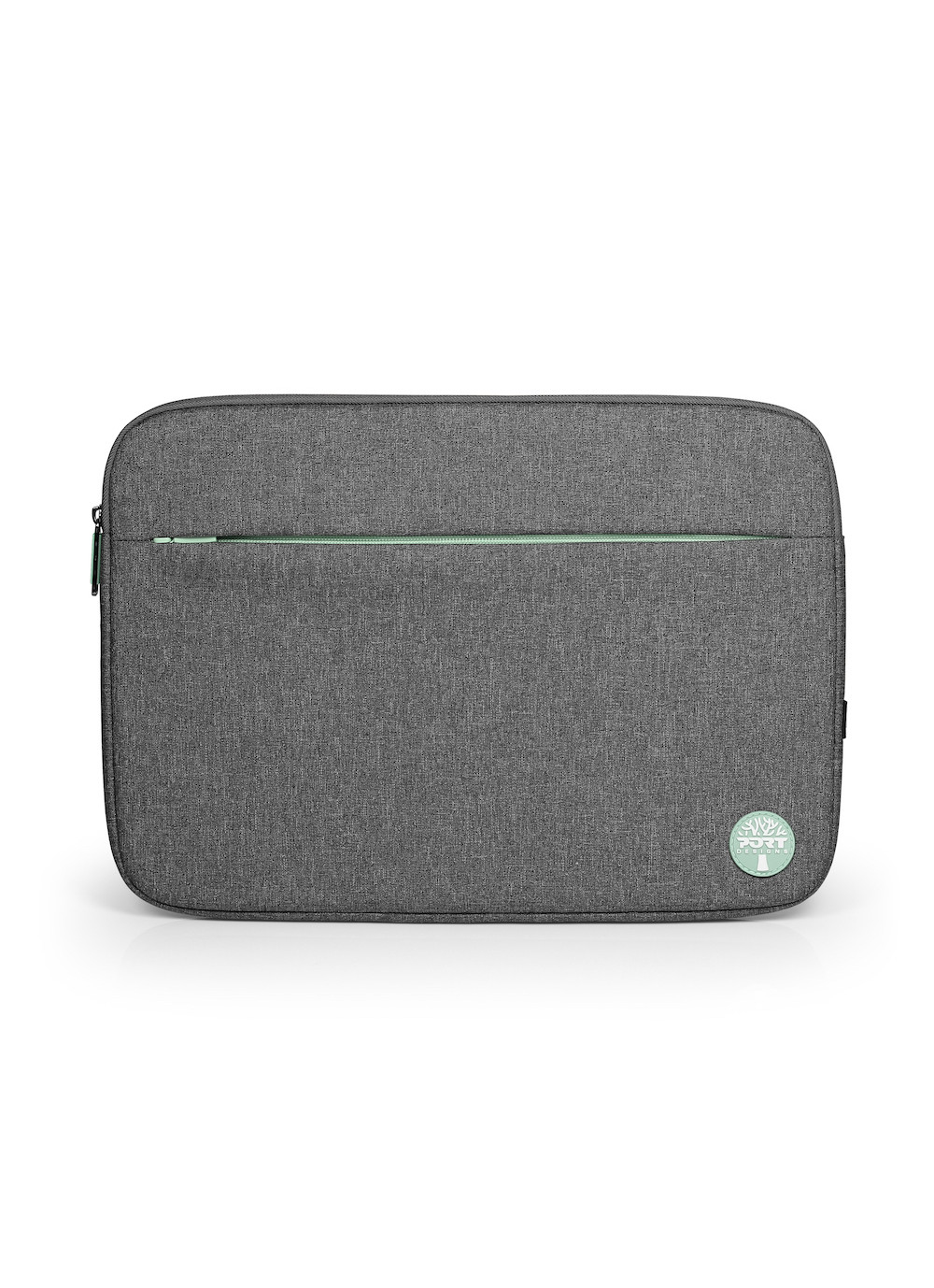 Custodia grigia per laptop con cerniera verde chiaro e logo.