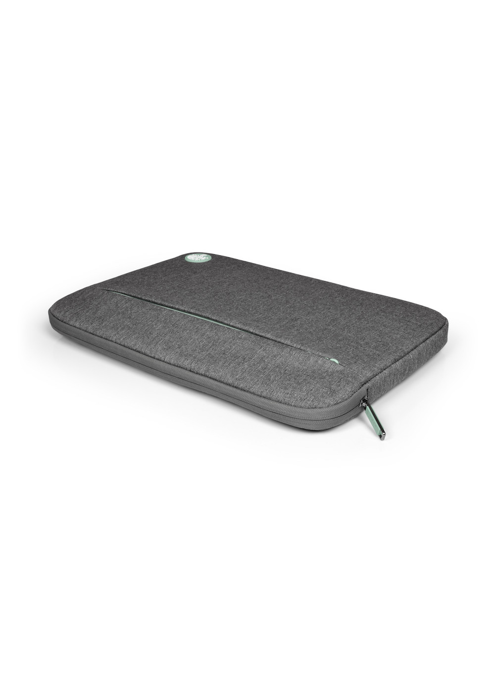 Custodia grigia per laptop con cerniera e logo verde, su sfondo bianco.