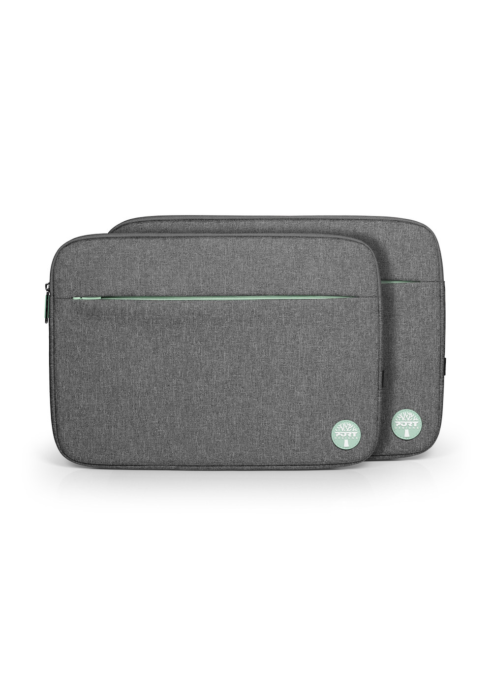 Due custodie grigie per laptop con cerniera verde menta e logo.