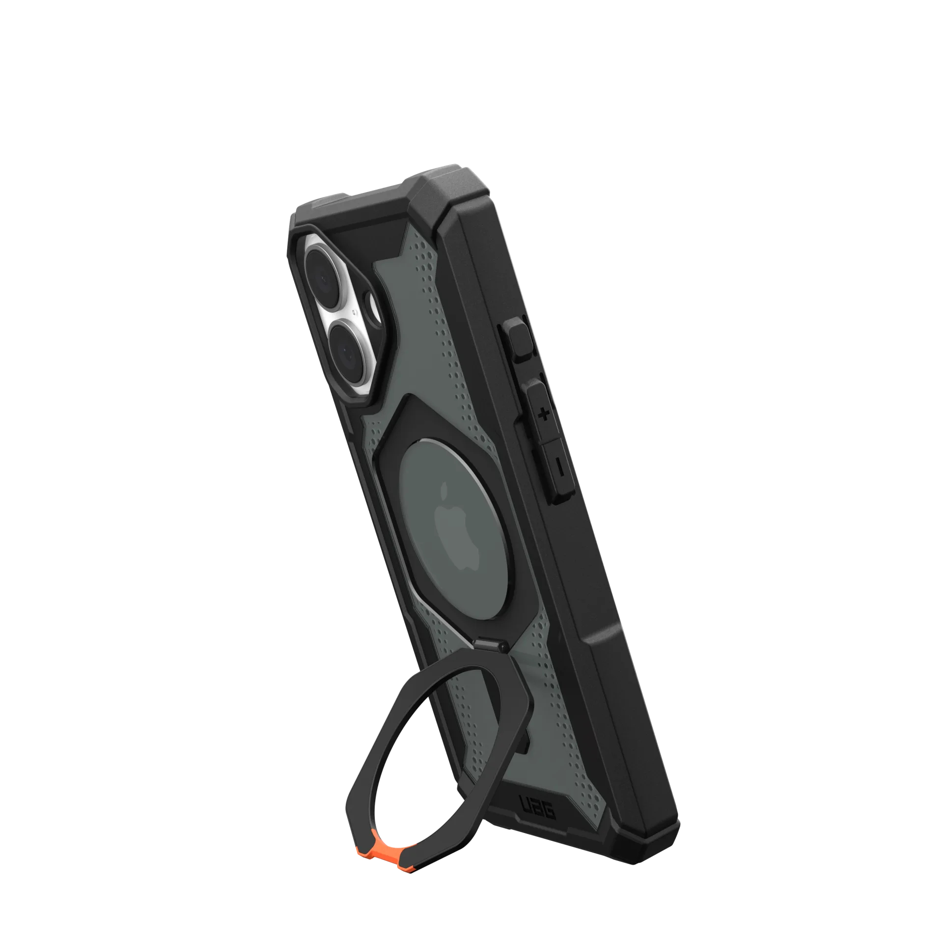 Coque de téléphone noire avec support bague et logo Apple.