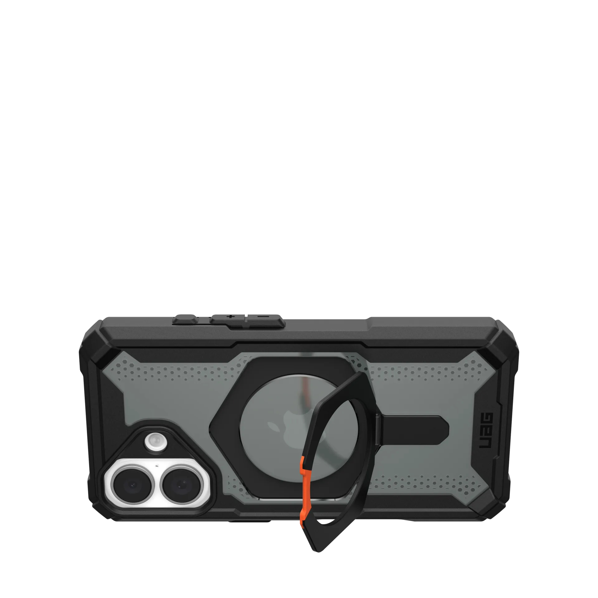 Coque de téléphone noire avec support anneau, accents gris et double caméra.