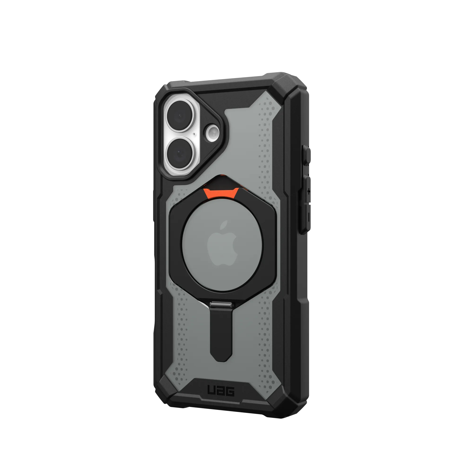 Coque noire pour iPhone avec accents gris et logo Apple.