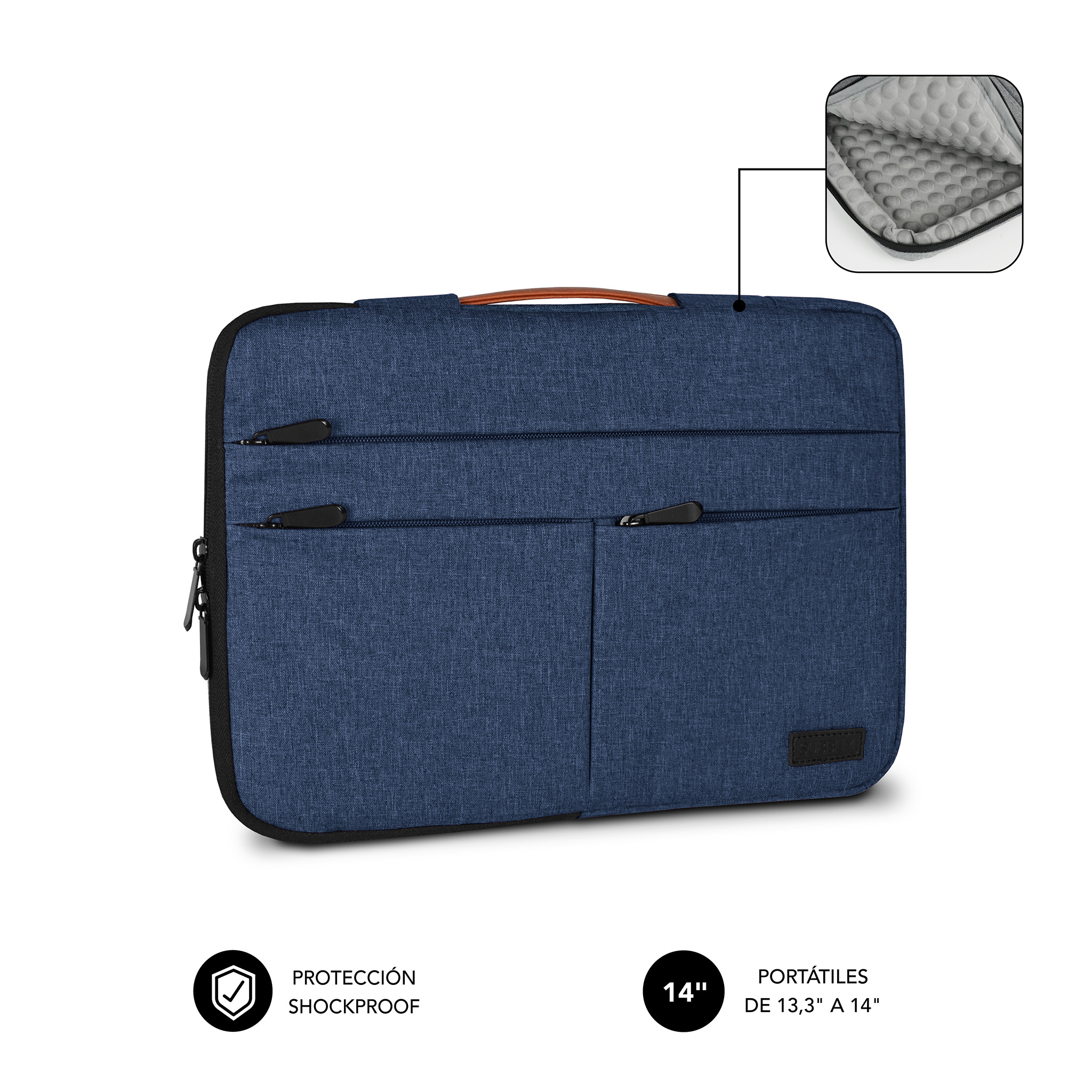 Funda azul marino para portátil con asa y dos bolsillos con cremallera.