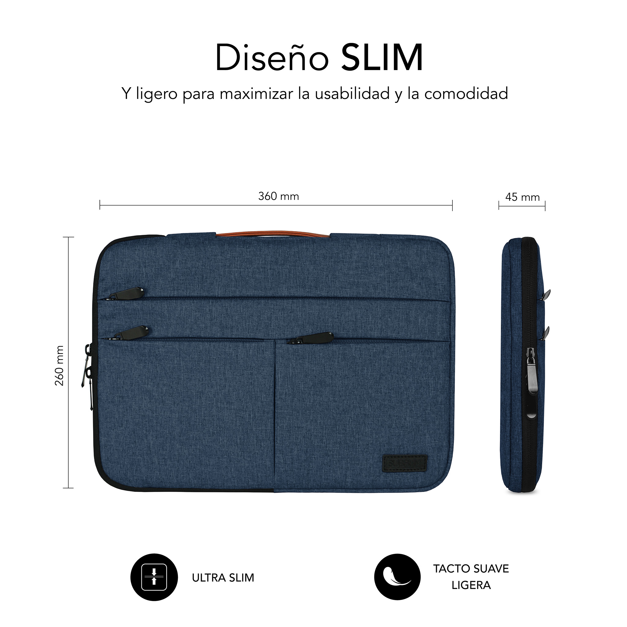 Una bolsa para portátil delgada y azul marino de 360x260x45 mm.