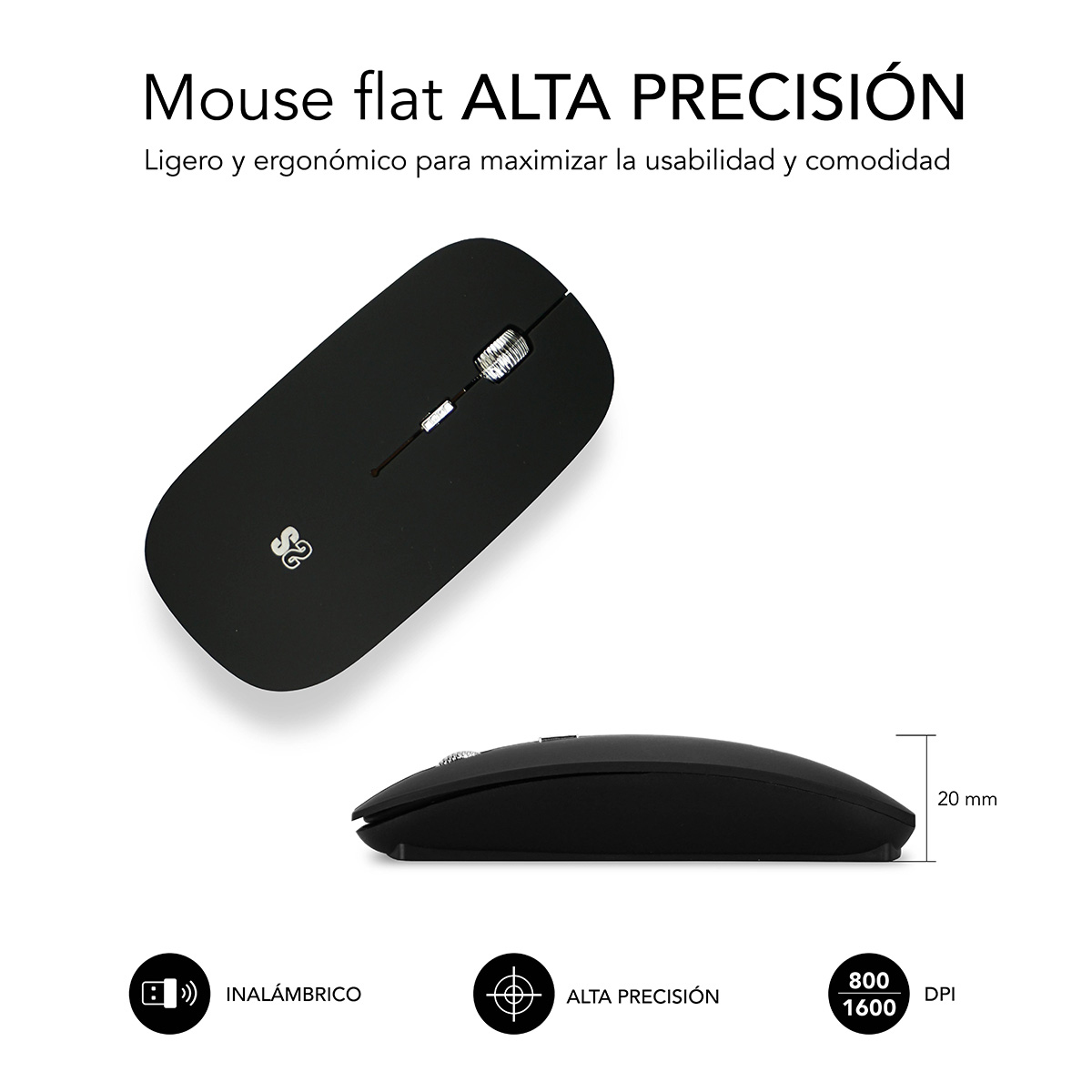 Mouse piatto nero con rotella e logo. Vista laterale mostra altezza 20 mm.