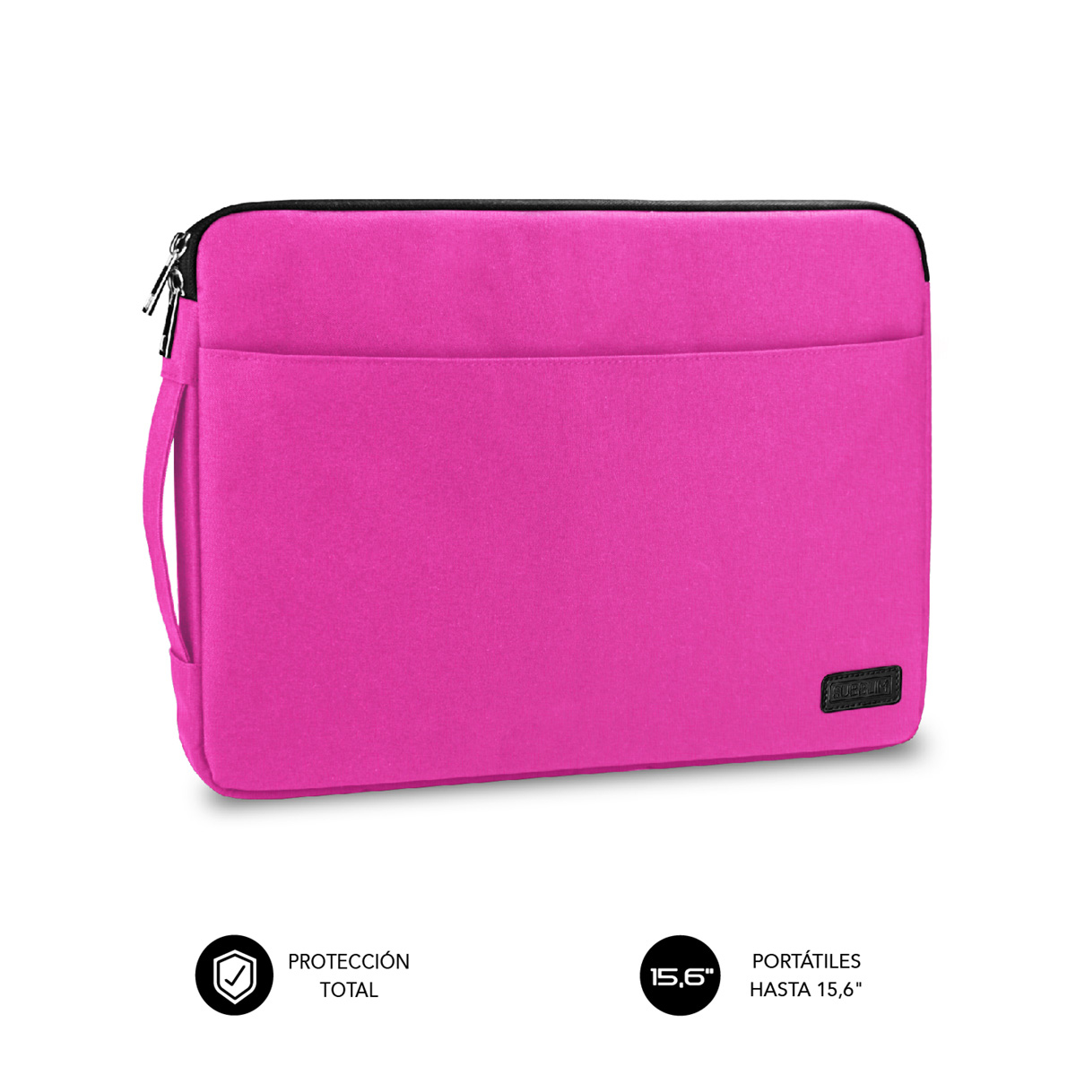 Una funda de portátil rosa brillante con dos cremalleras y un bolsillo exterior.