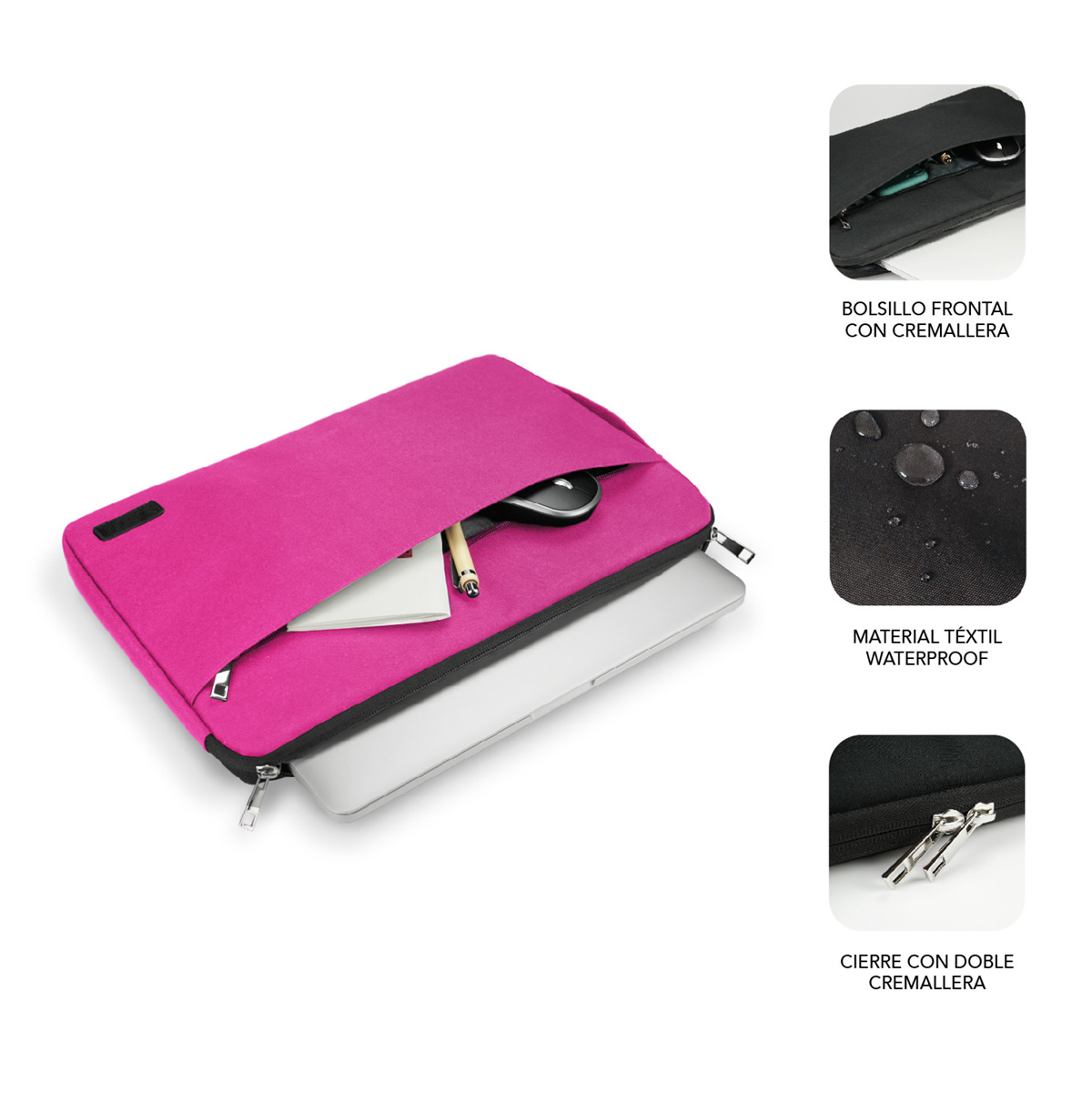 Funda rosa para portátil con portátil, ratón, bolígrafo y papel dentro.