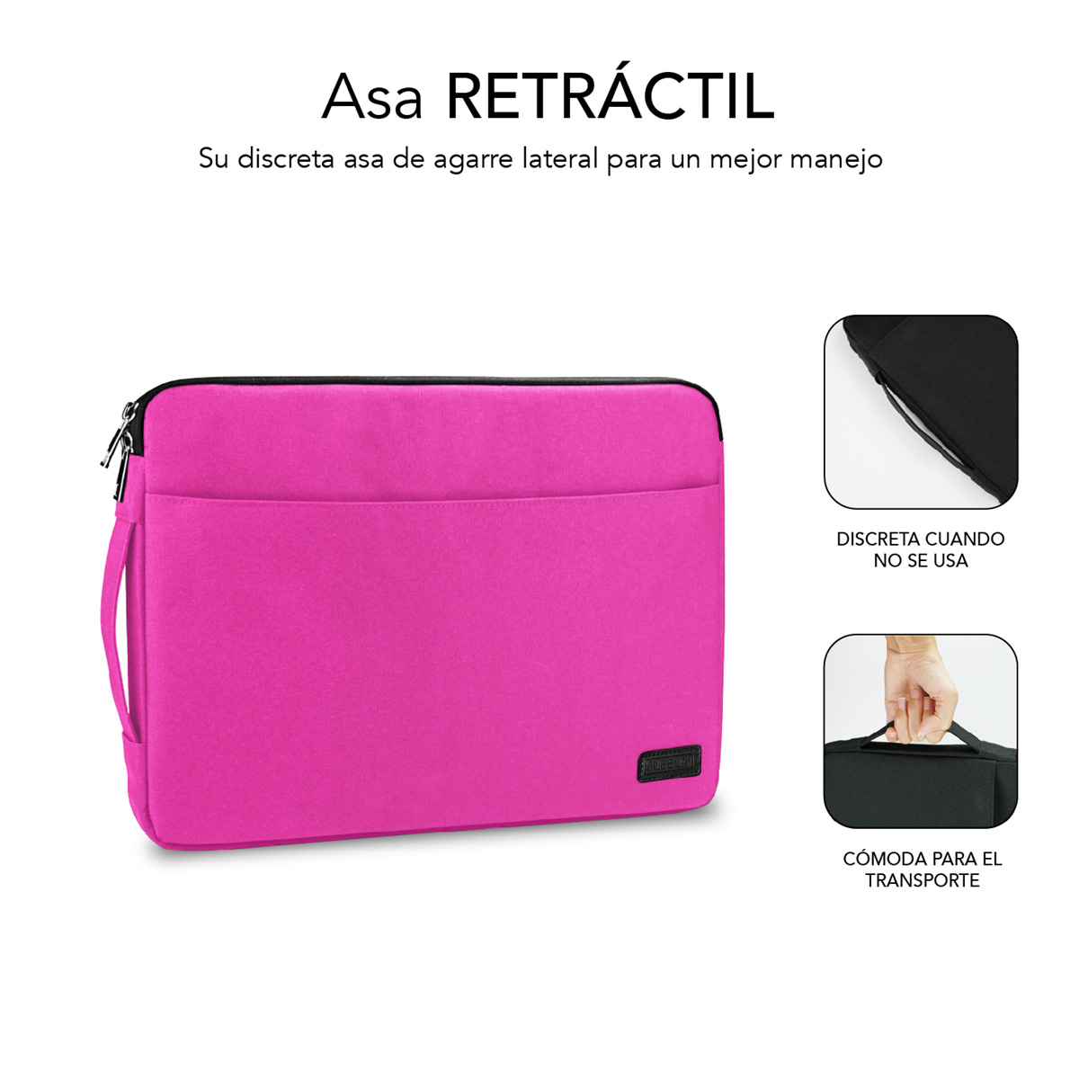 Funda rosa para portátil con asa lateral. Discreta y cómoda de llevar.