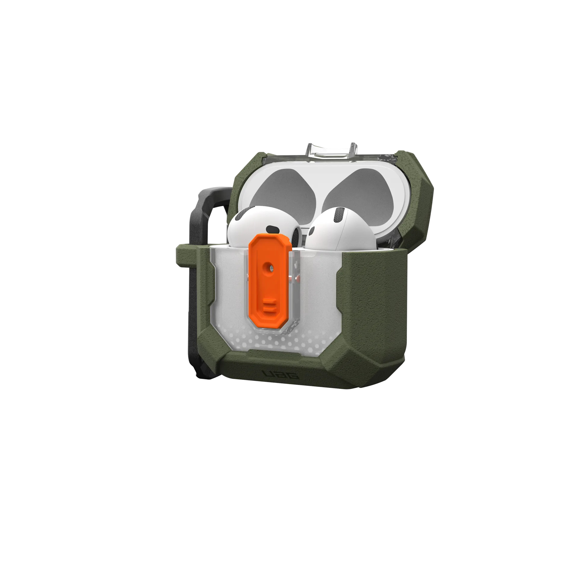 Ein grünes, robustes AirPods-Case mit weißen Ohrhörern und orangefarbenem Detail.