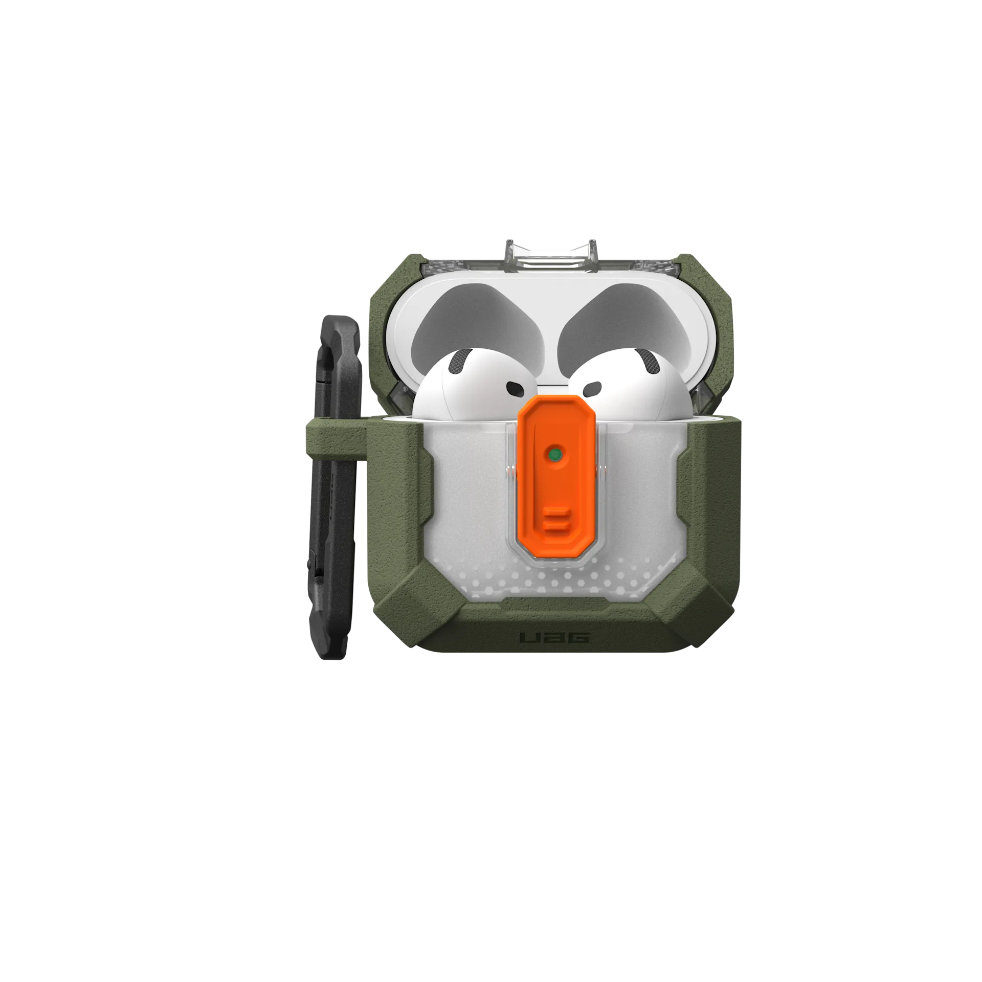 Grünes UAG-Case mit offenen AirPods Pro und schwarzem Karabiner.