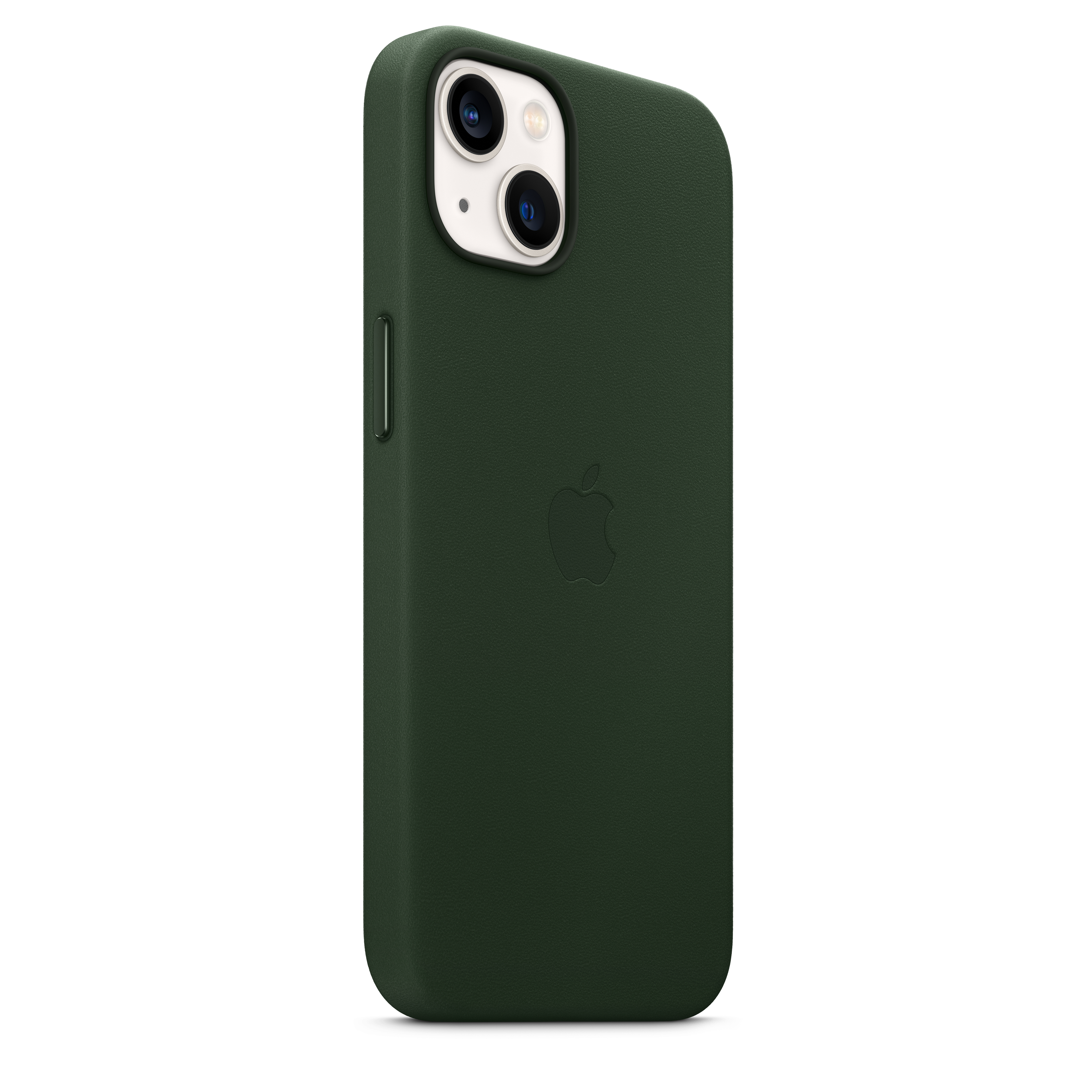 Dark green iPhone case with Apple logo and dual camera lens.