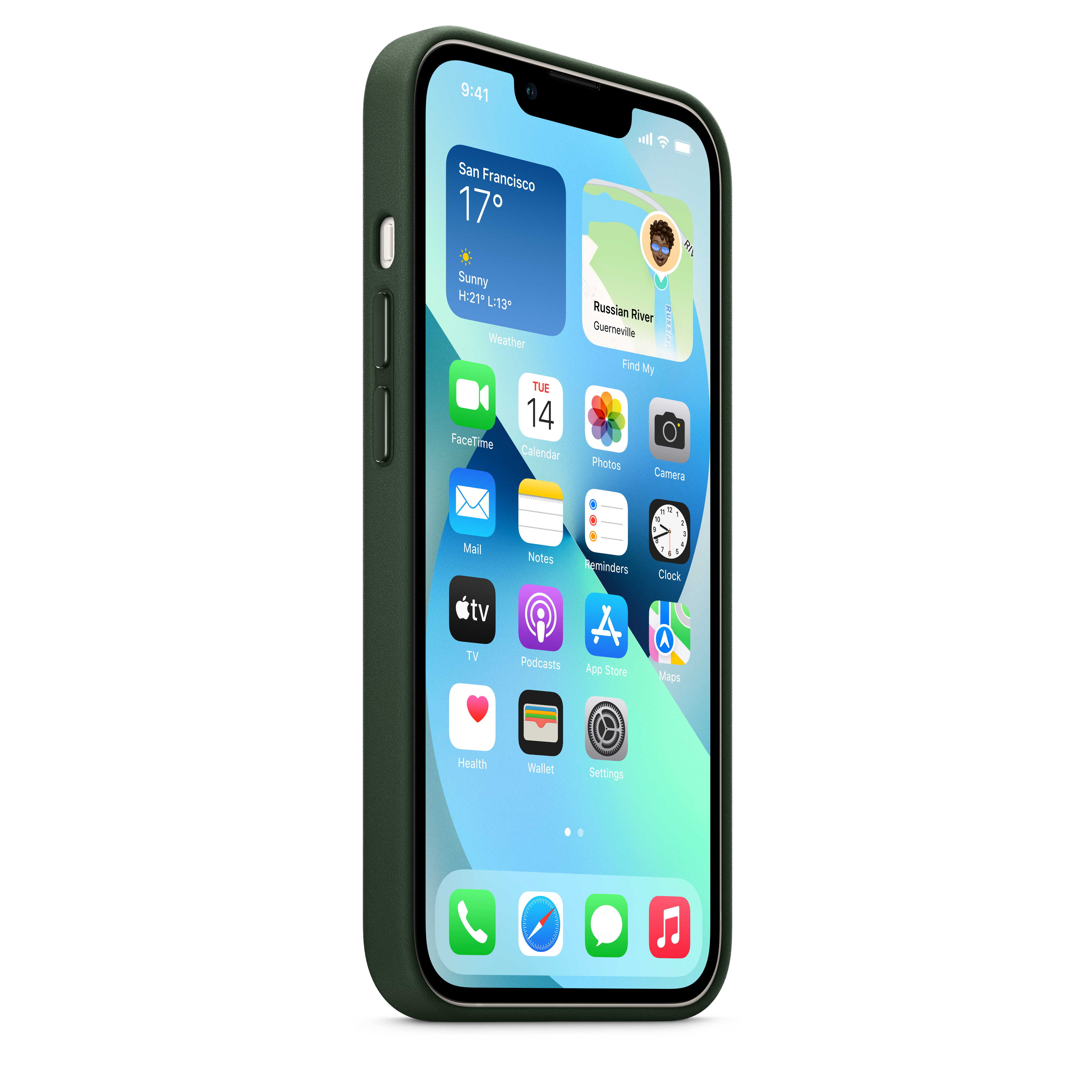 Dark green iPhone with a full-screen display showing app icons on the home screen.