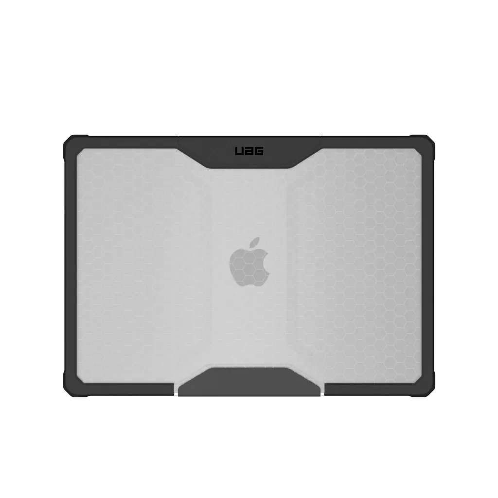 Czarna obudowa laptopa z logo Apple i wzorem plastra miodu na przezroczystym tle.