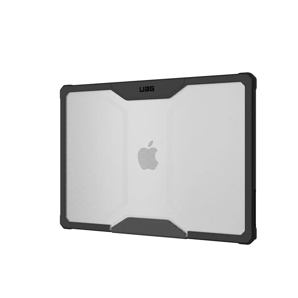 Przezroczyste etui na laptopa z czarną ramką i logo Apple.
