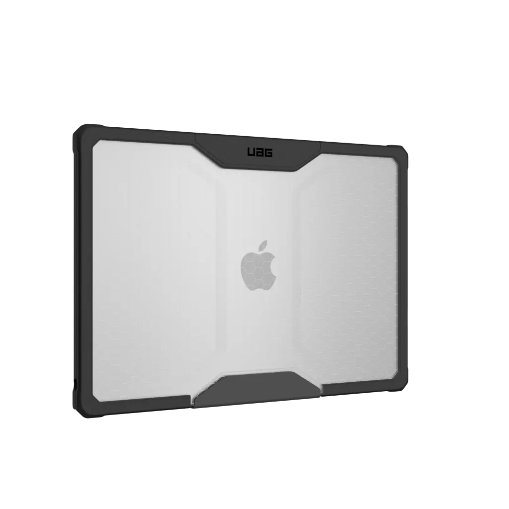 Czarna obudowa na laptopa z przezroczystym tyłem i logo Apple.
