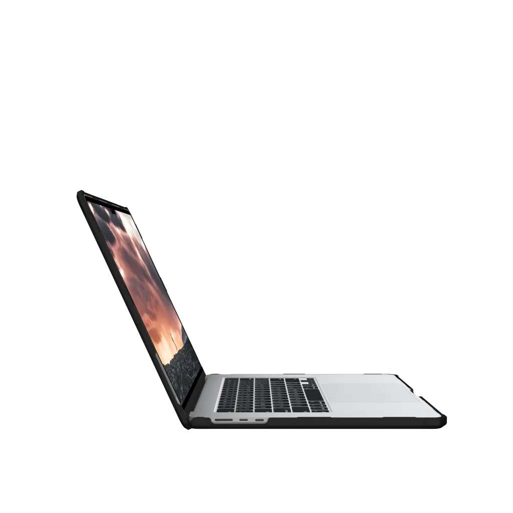 Otwarty srebrny laptop z czarną obudową, widok z profilu.