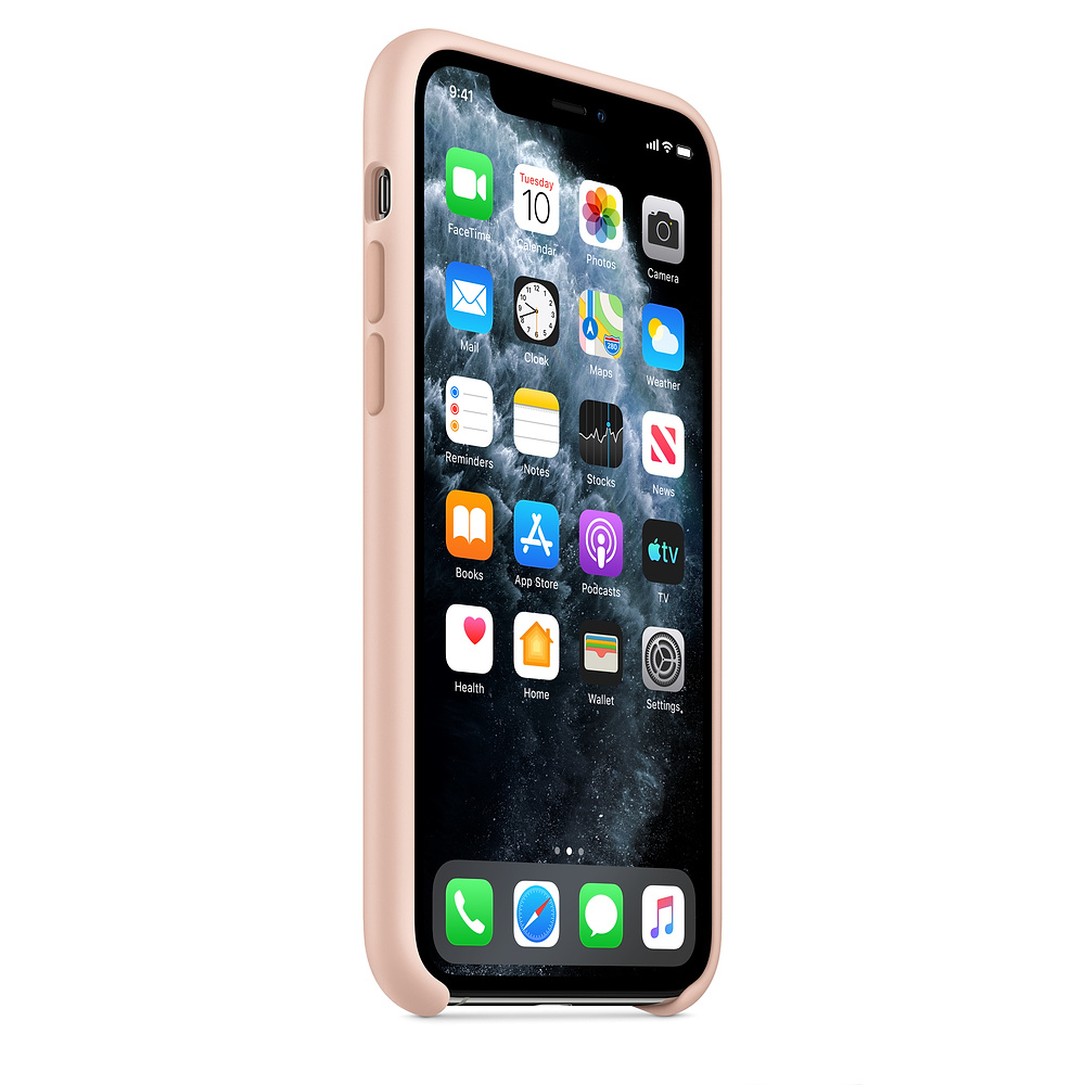Een lichtroze iPhone met veel app-pictogrammen op het scherm.