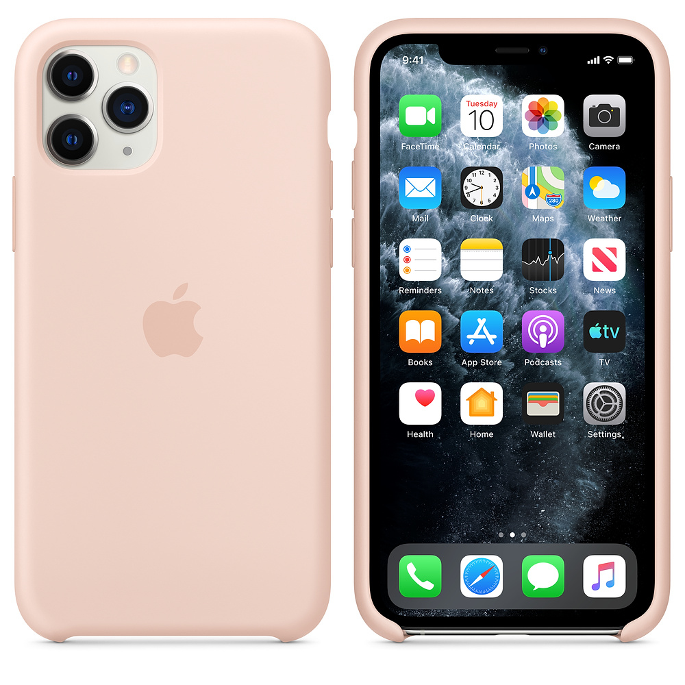 Een lichtroze iPhone met drievoudige camera en Apple-logo op de achterkant.