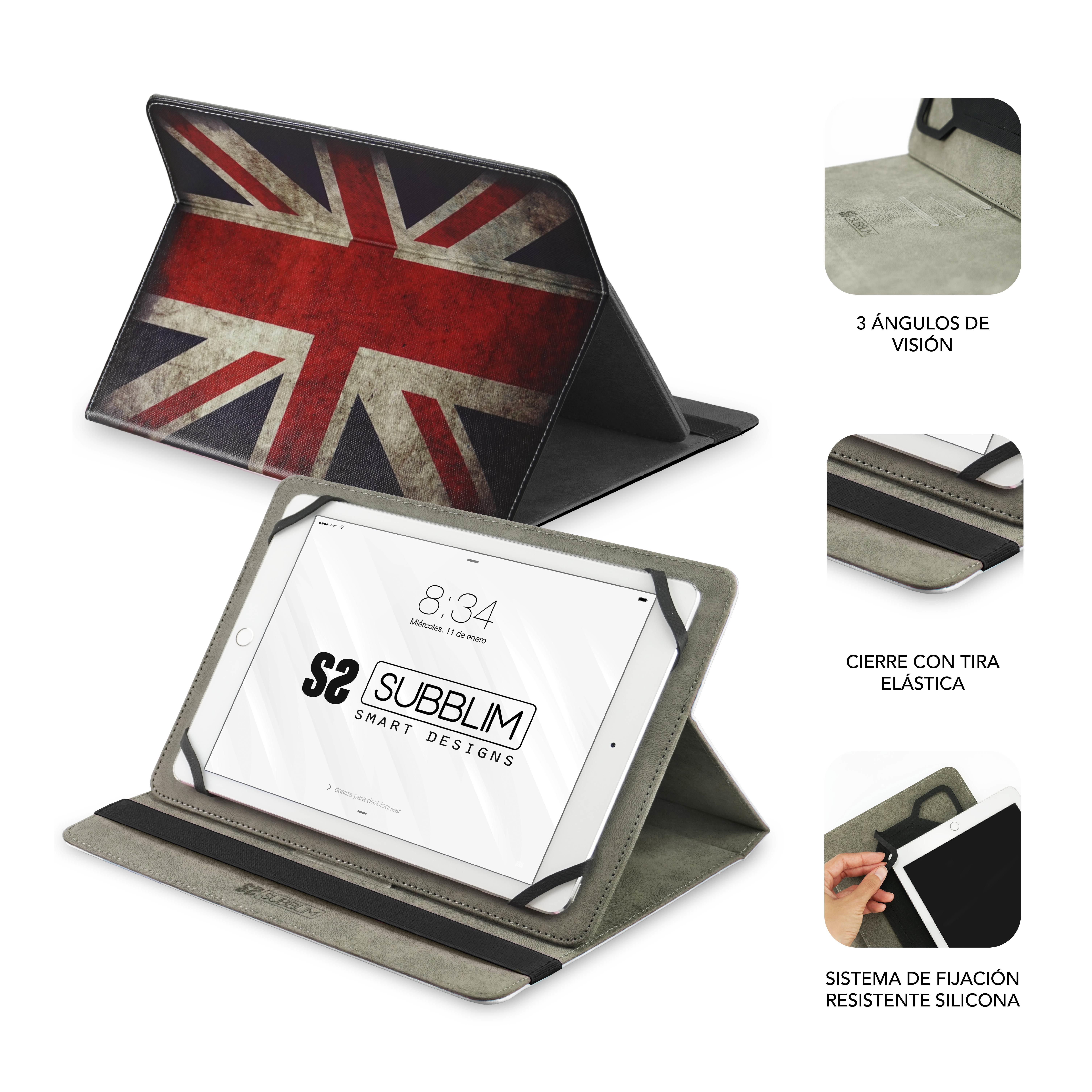 Funda para tablet con diseño Union Jack, gris, muestra tablet en 3 vistas.