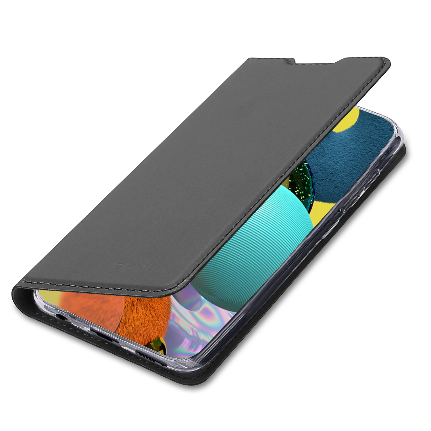 Graue Lederhülle, die sich über ein Smartphone mit buntem Hintergrund öffnet.