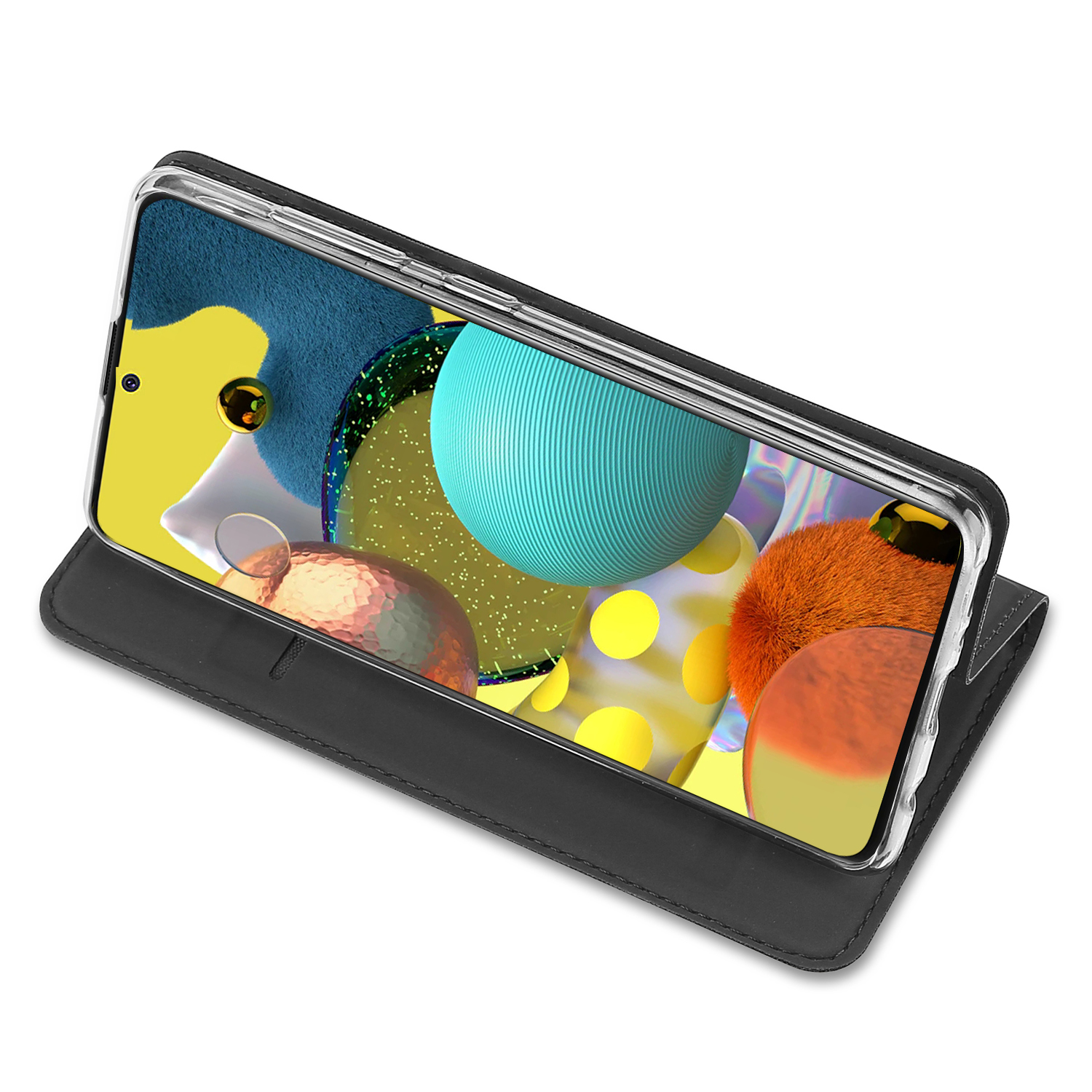 Ein Smartphone in einer schwarzen Hülle mit einem bunten, abstrakten Hintergrund.