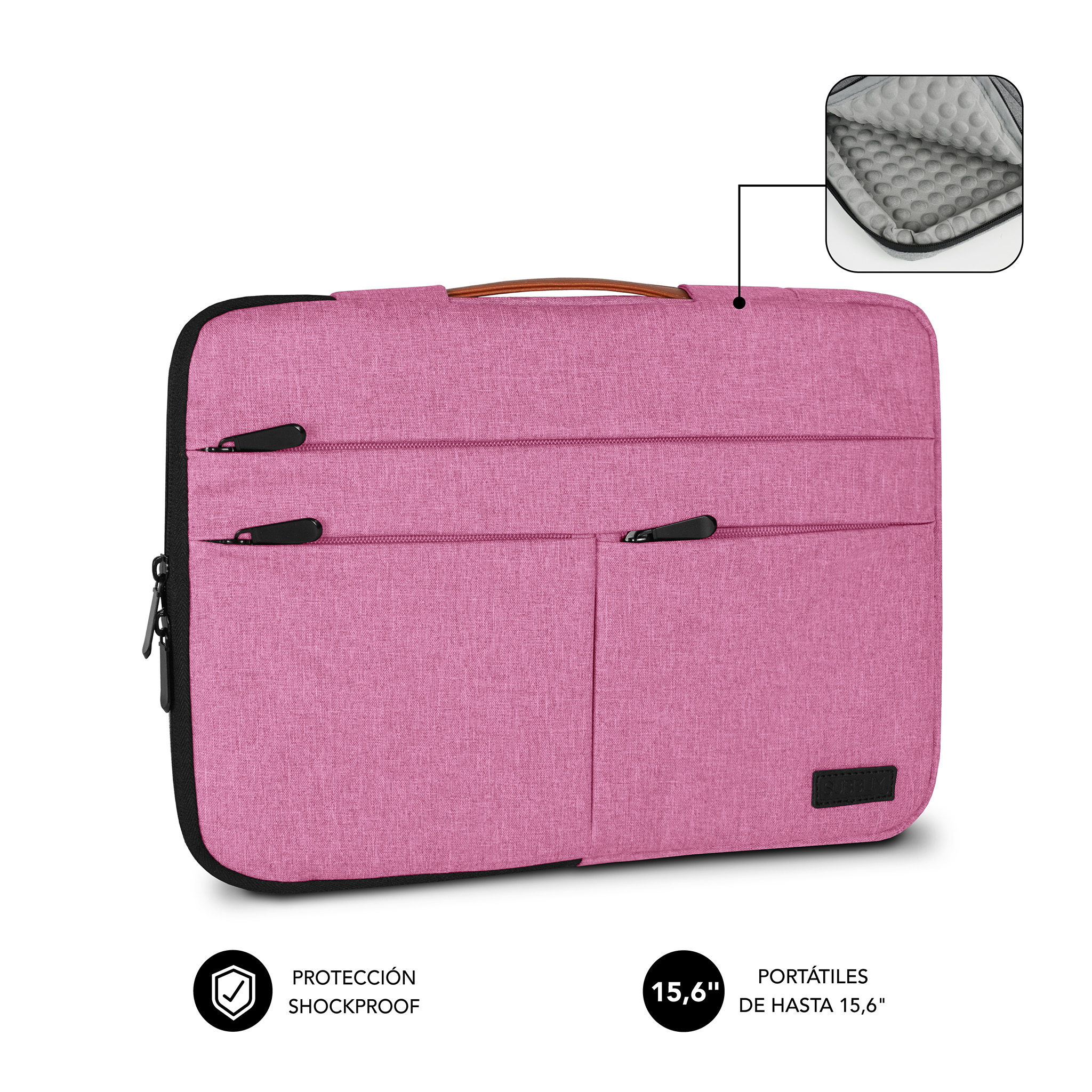 Una funda rosa para portátil con asas, cremalleras y detalle del interior acolchado.