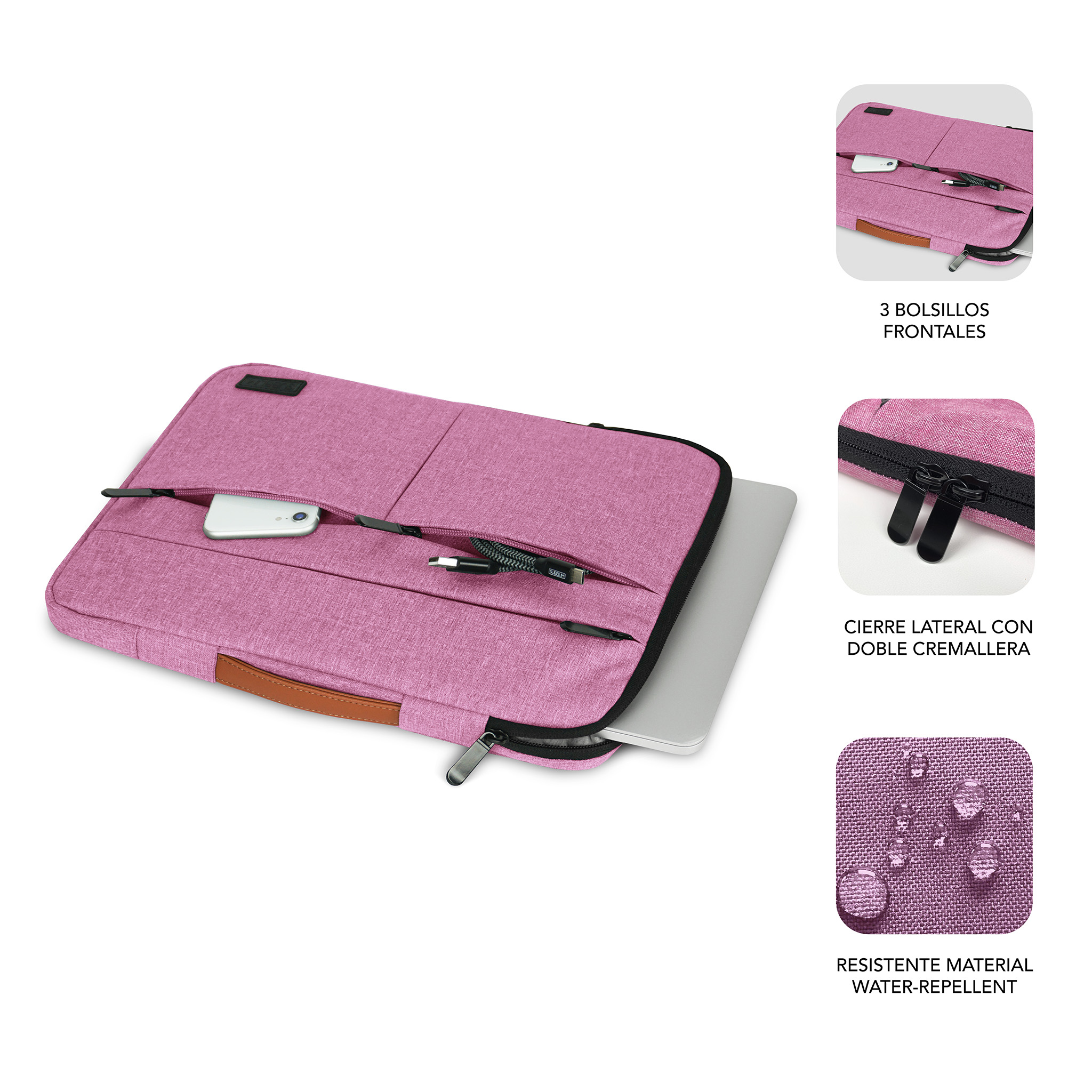 Funda rosa para portátil con bolsillos frontales, cremallera y asa.