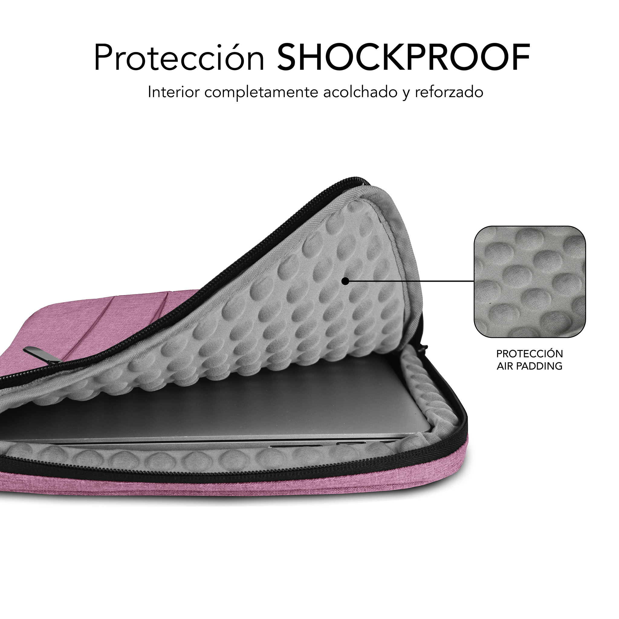 Funda rosa para portátil con acolchado de aire en el interior, mostrando un portátil.