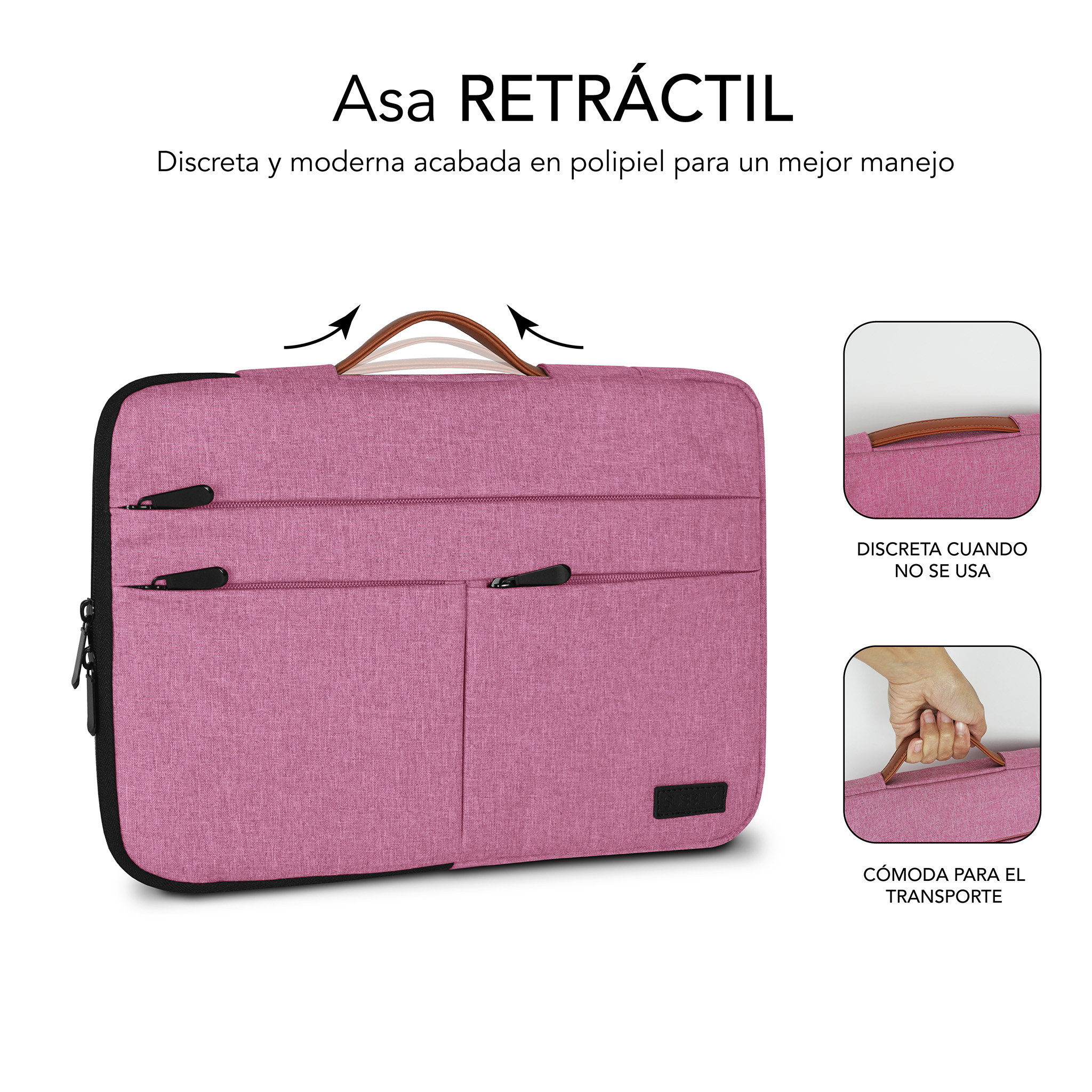 Una bolsa para portátil rosa con asa marrón y cremalleras. Asa retráctil.
