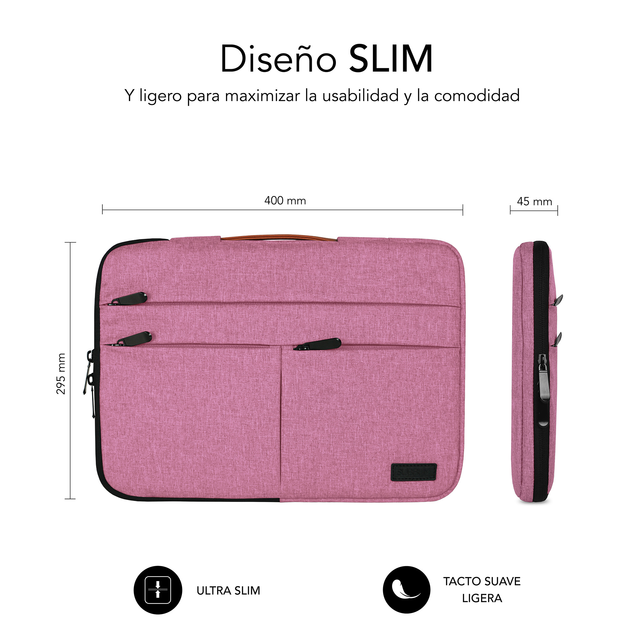 Una funda rosa para portátil con cremalleras y dimensiones.