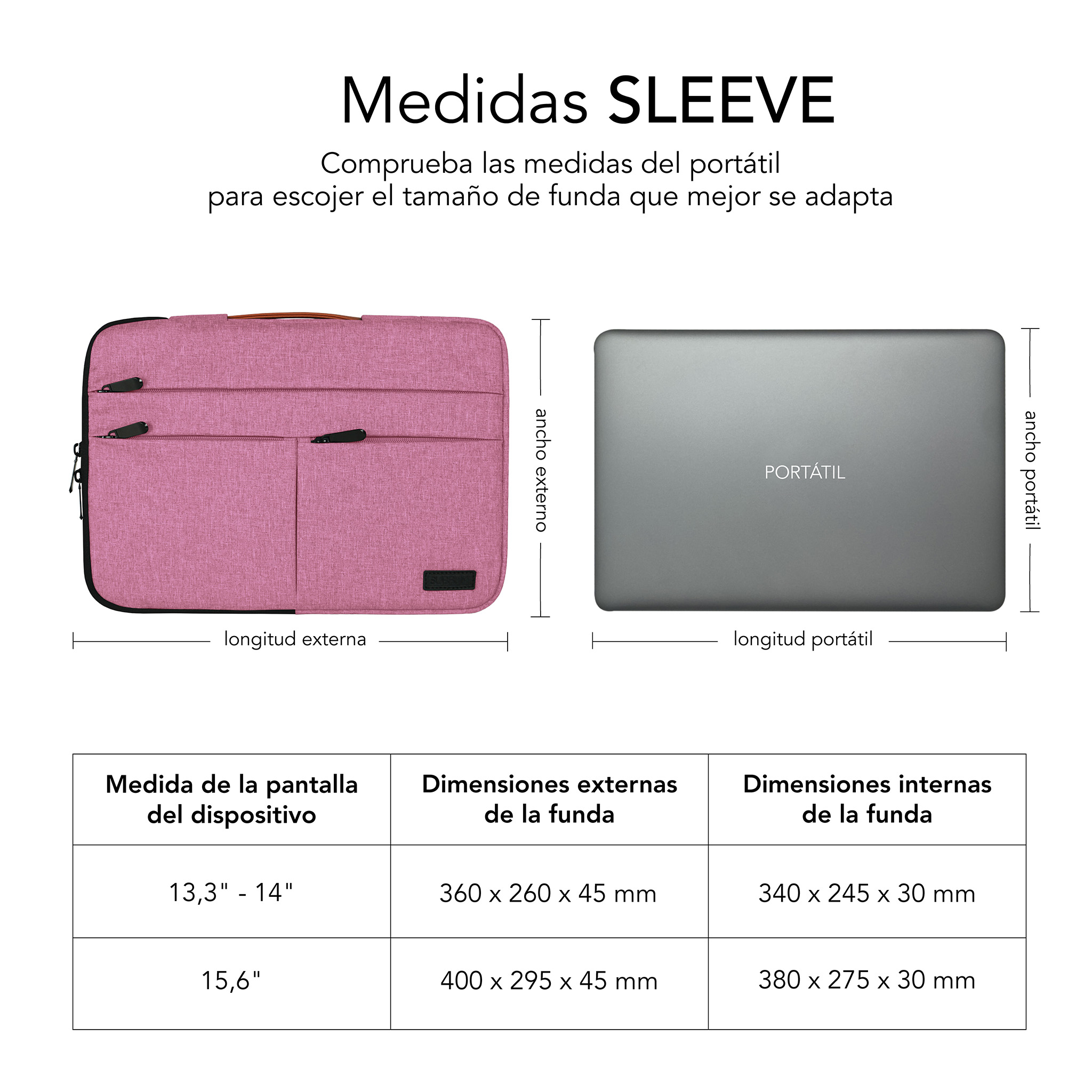 Funda de portátil rosa y portátil gris con medidas y tabla.