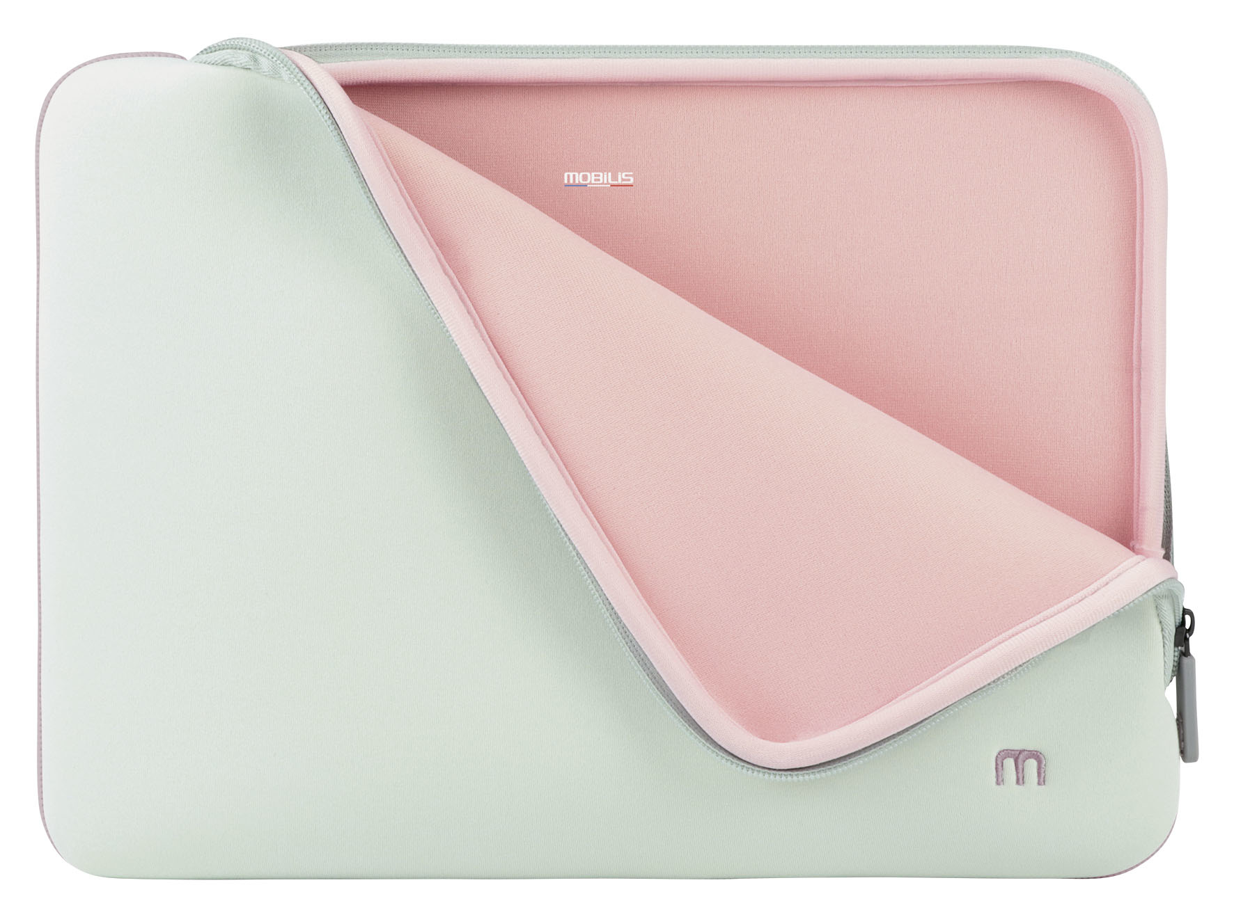 Una custodia per laptop verde chiaro con interno rosa, parzialmente aperta.