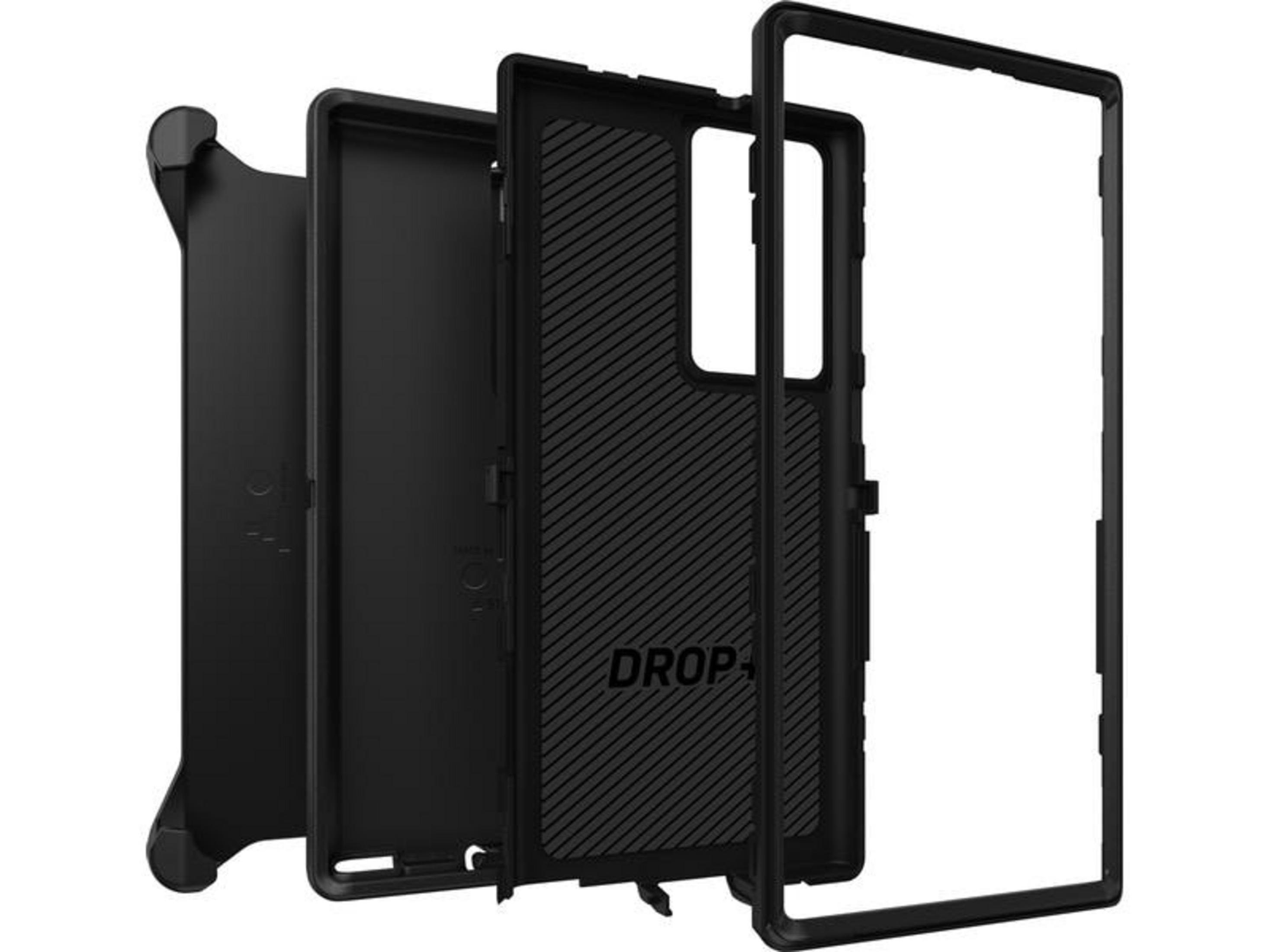 Ein schwarzes Handy-Case in drei Teilen mit Rillenmuster und 