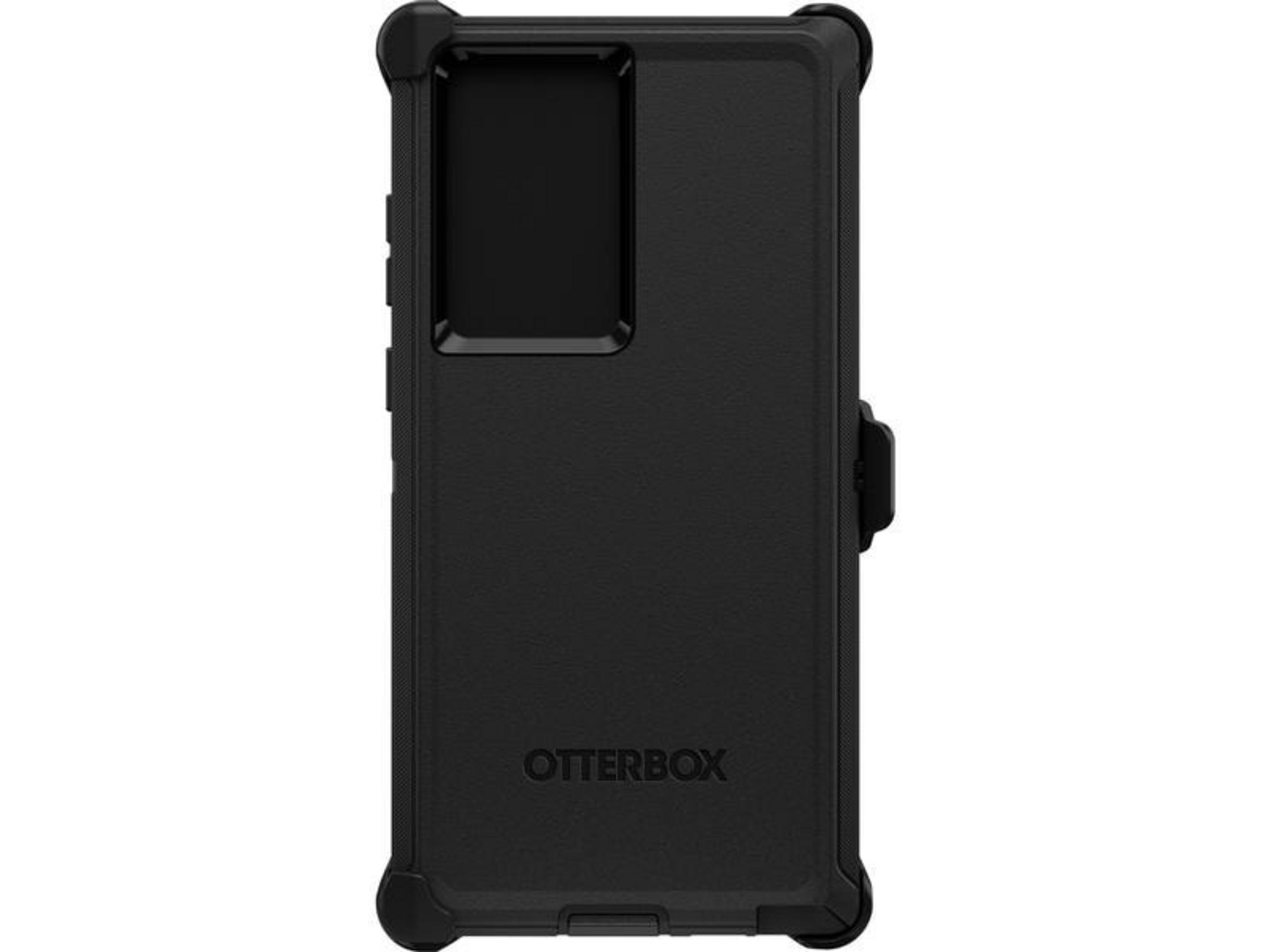 Schwarzes Otterbox-Handyhülle mit einem rechteckigen Ausschnitt für die Kamera.