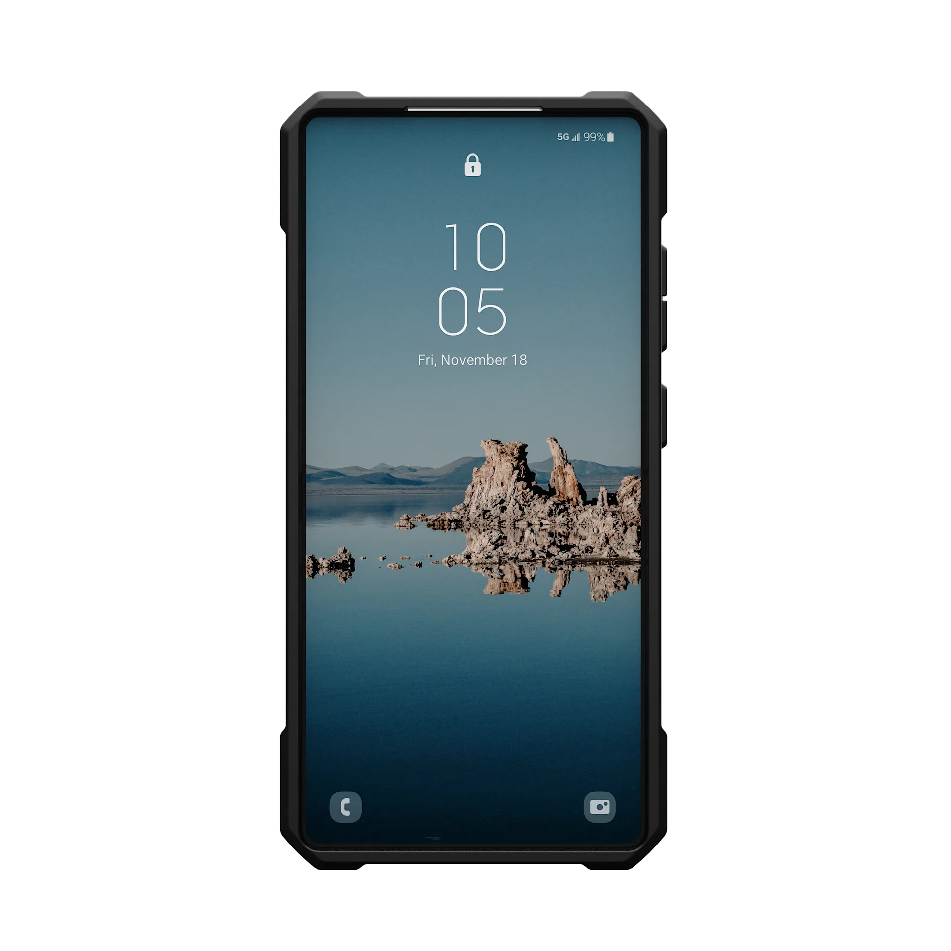 Smartphone mit Sperrbildschirm-Landschaft. Zeit 10:05 Uhr, Fr., 18. Nov.