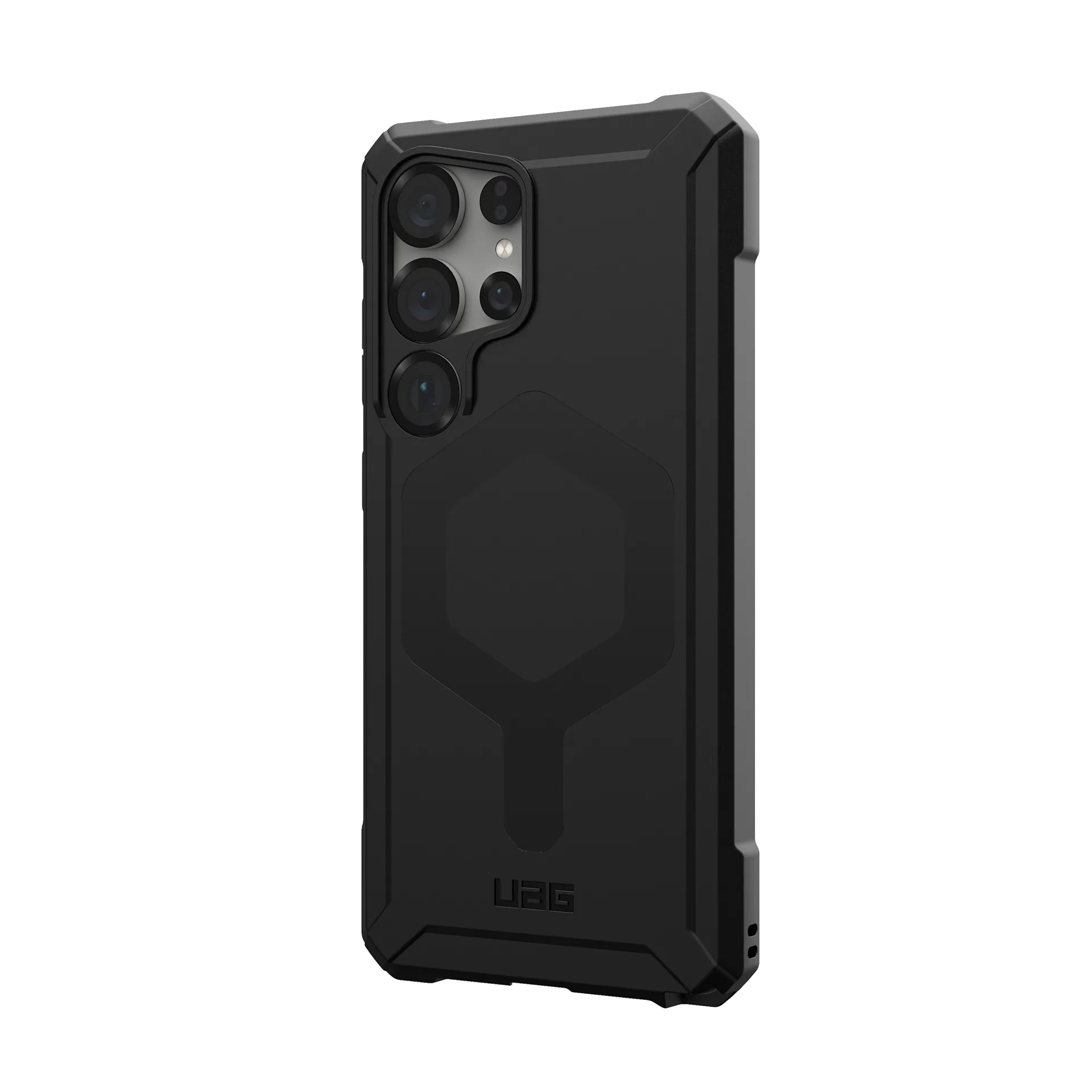 Schwarzes Smartphone mit drei Kameras und robustem Gehäuse.