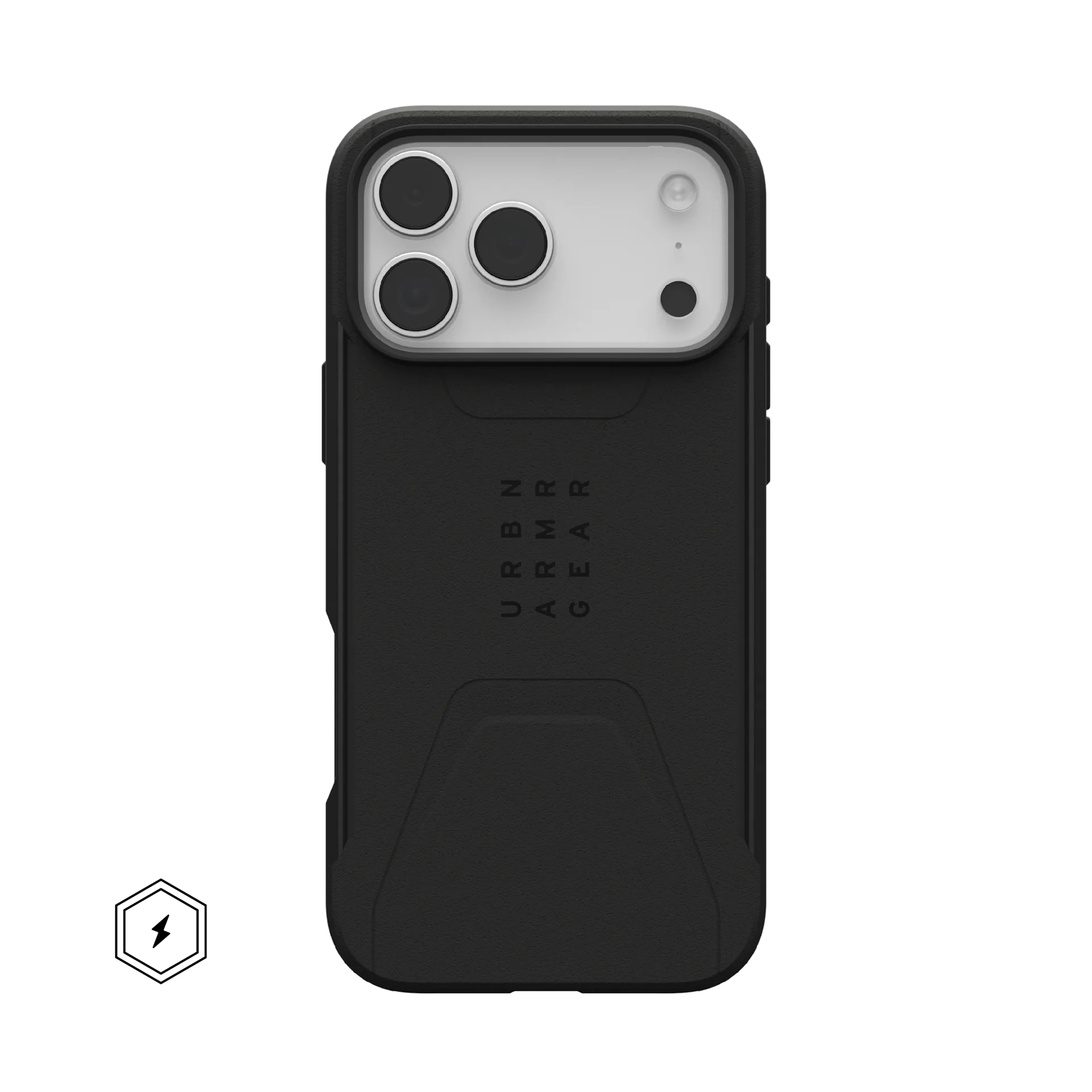 Coque de téléphone noire avec trois objectifs et flash. Logo URBAN ARMOR GEAR.