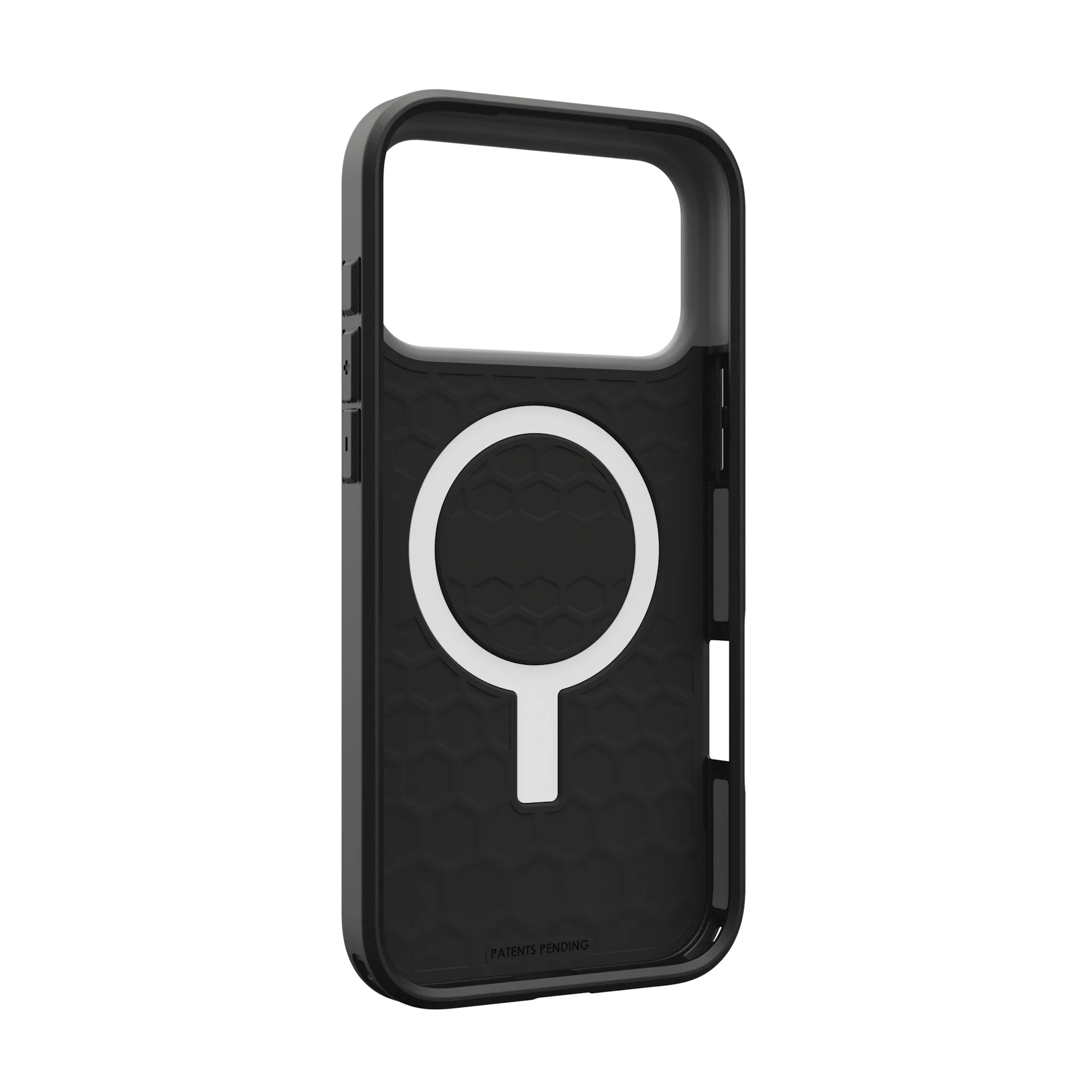 Coque de téléphone noire avec anneau magnétique blanc et motif nid d'abeille.