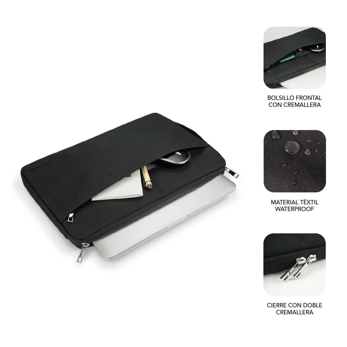 Custodia nera per laptop con tasca frontale, mouse e penna. Impermeabile.